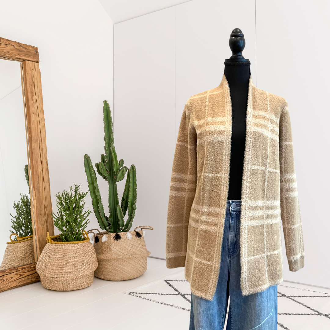 Plaid Fuzzy Open Front Cardigan