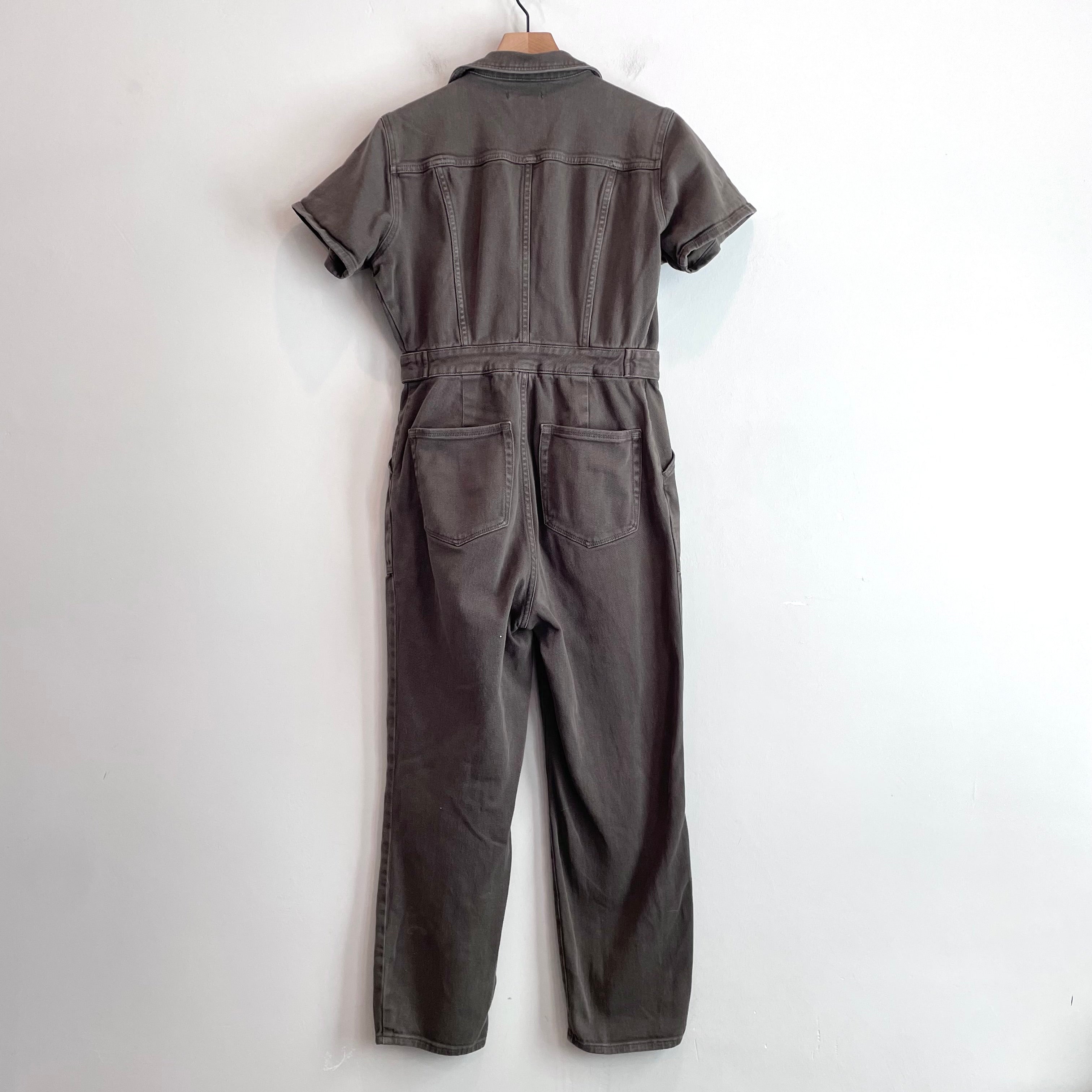 Short Sleeve Zip Front Denim Jumpsuit