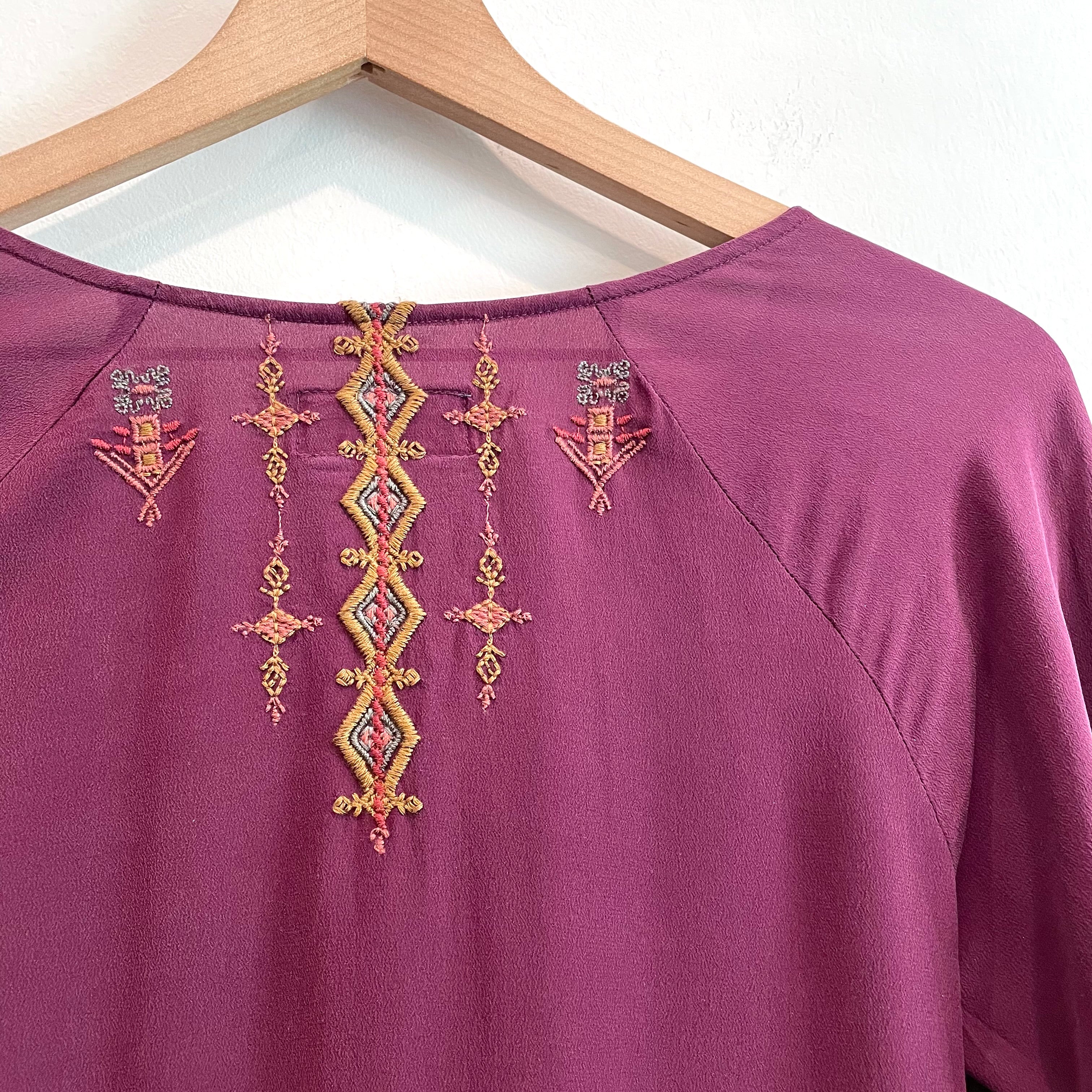 Embroidered Velvet Trim Silk Top