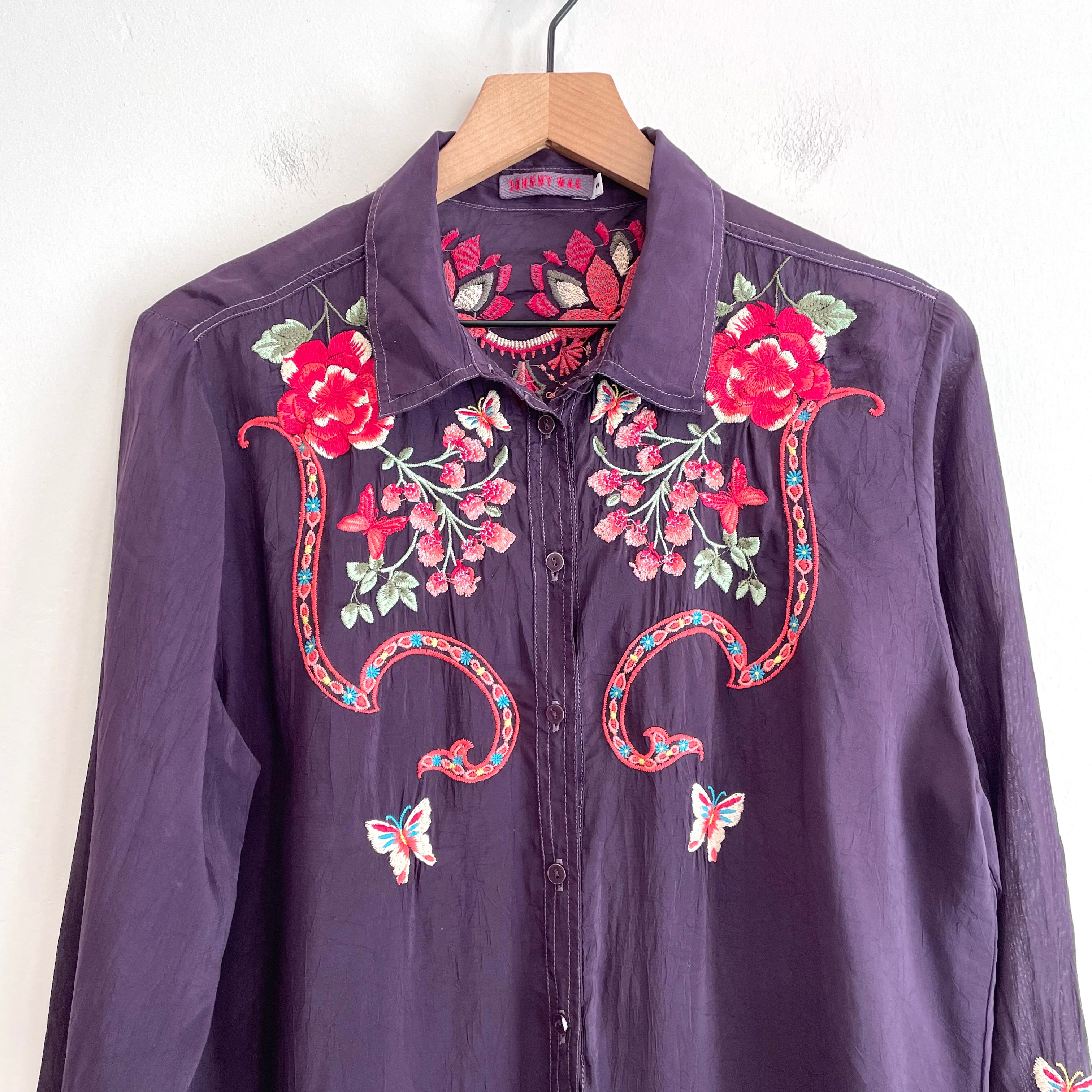 Floral Butterfly Embroidered Button Down Top