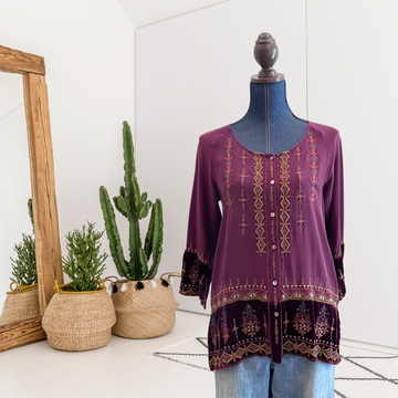 Embroidered Velvet Trim Silk Top