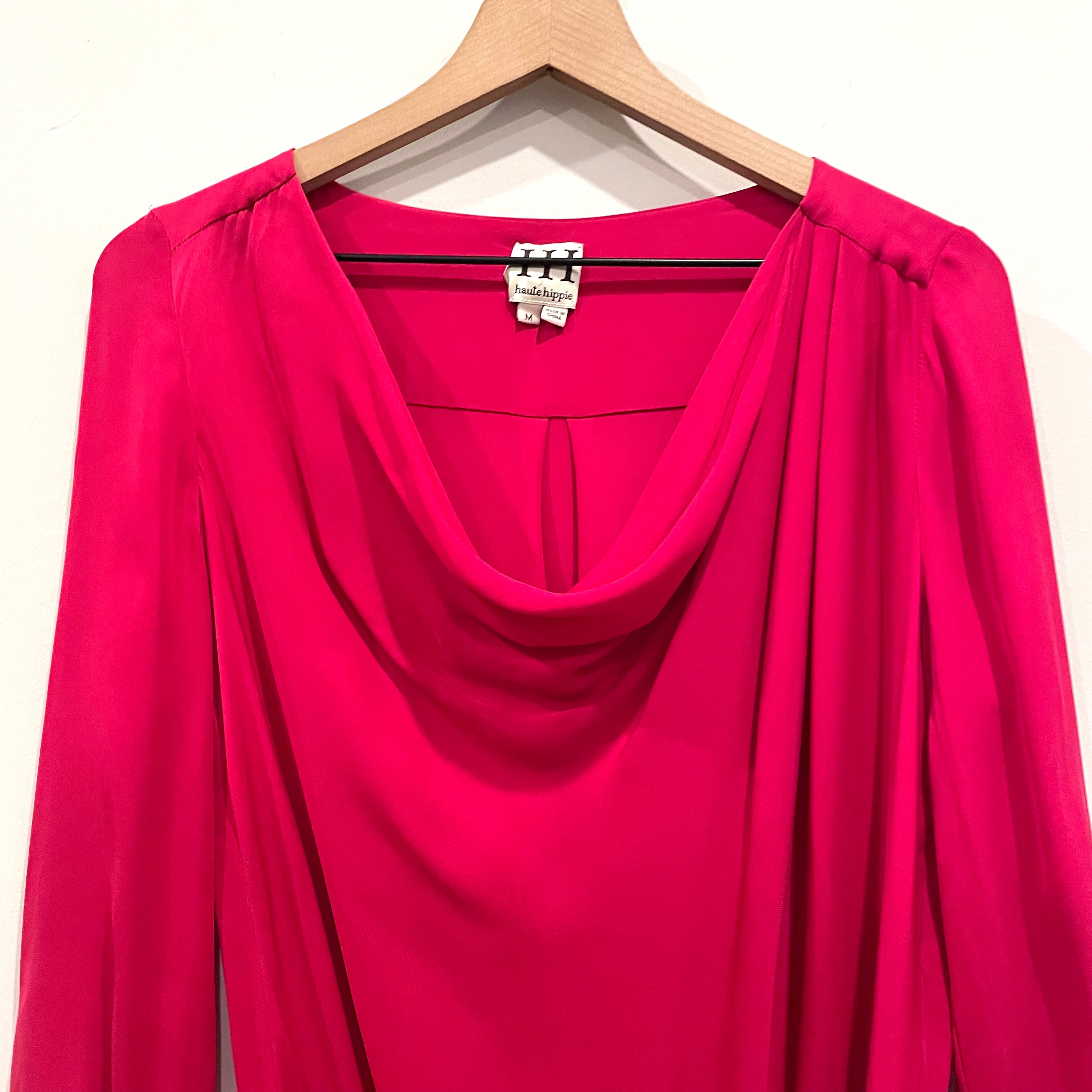 Draped Neck Long Sleeve Silk Dress