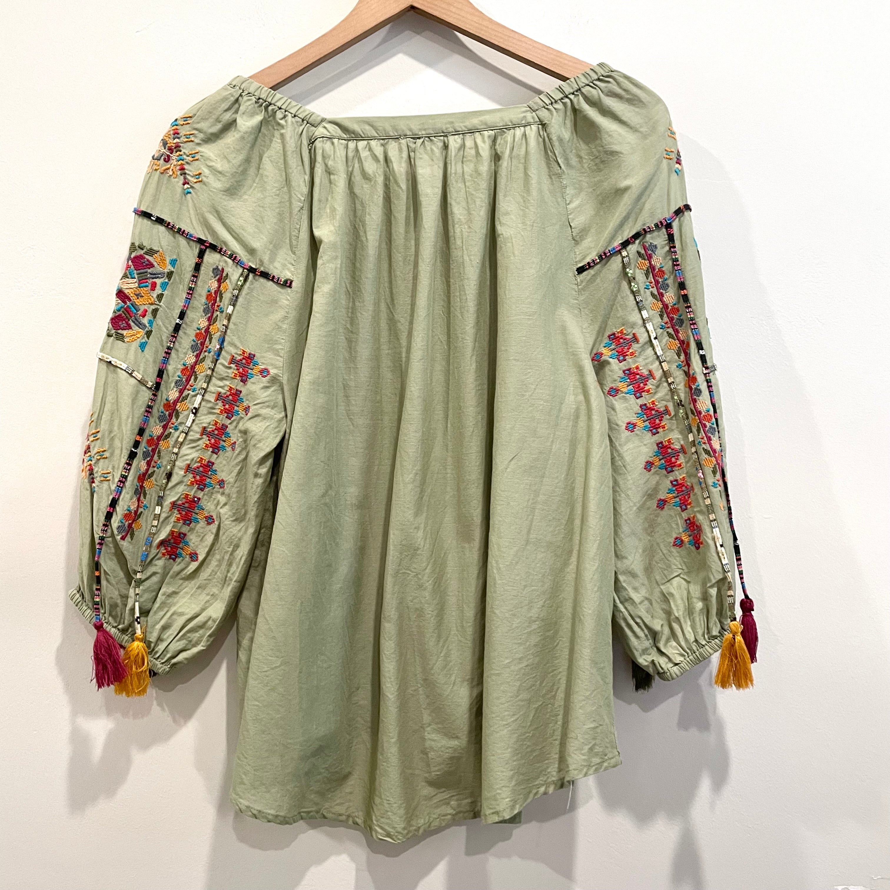 Southwestern Embroidered Tassel Sleeve Top