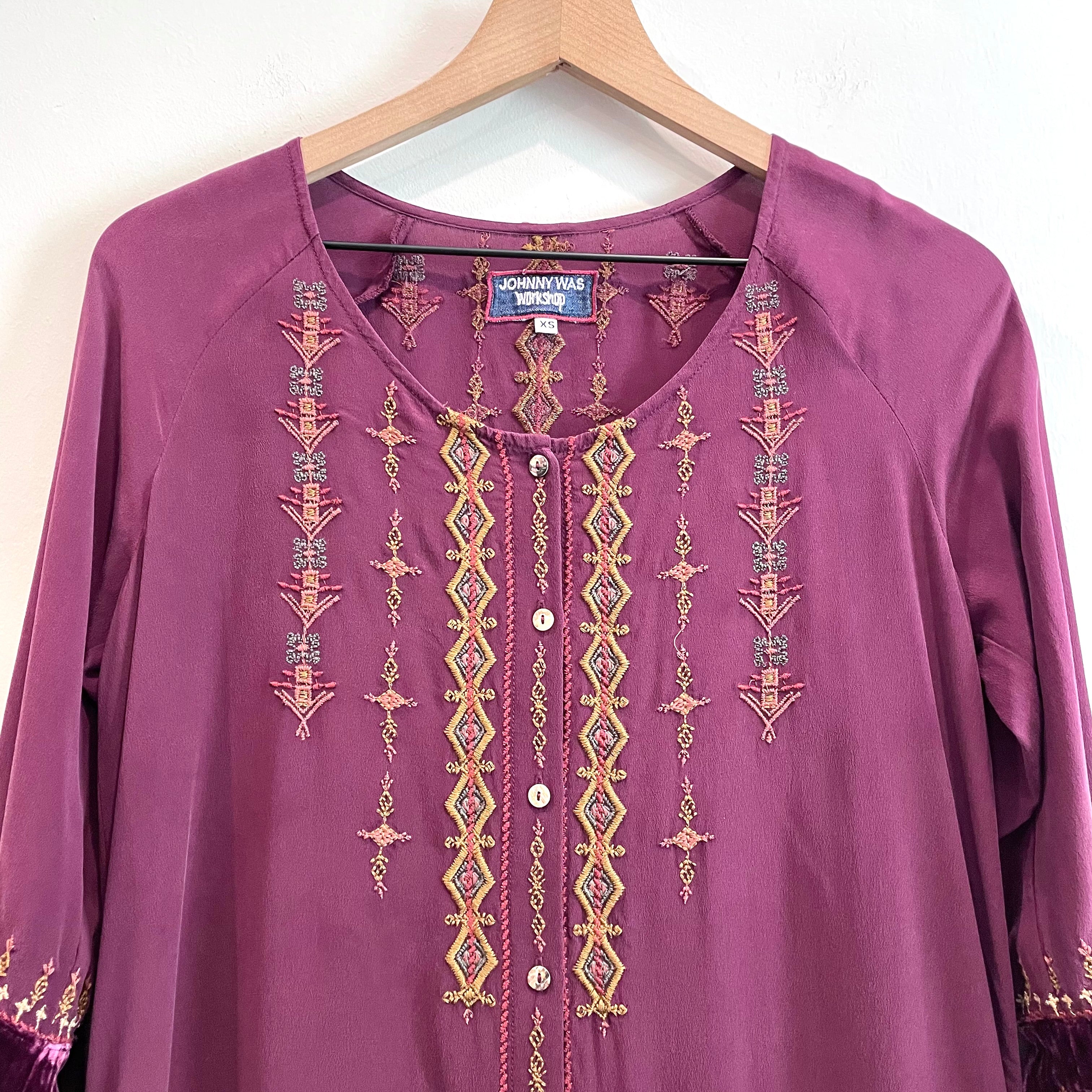 Embroidered Velvet Trim Silk Top