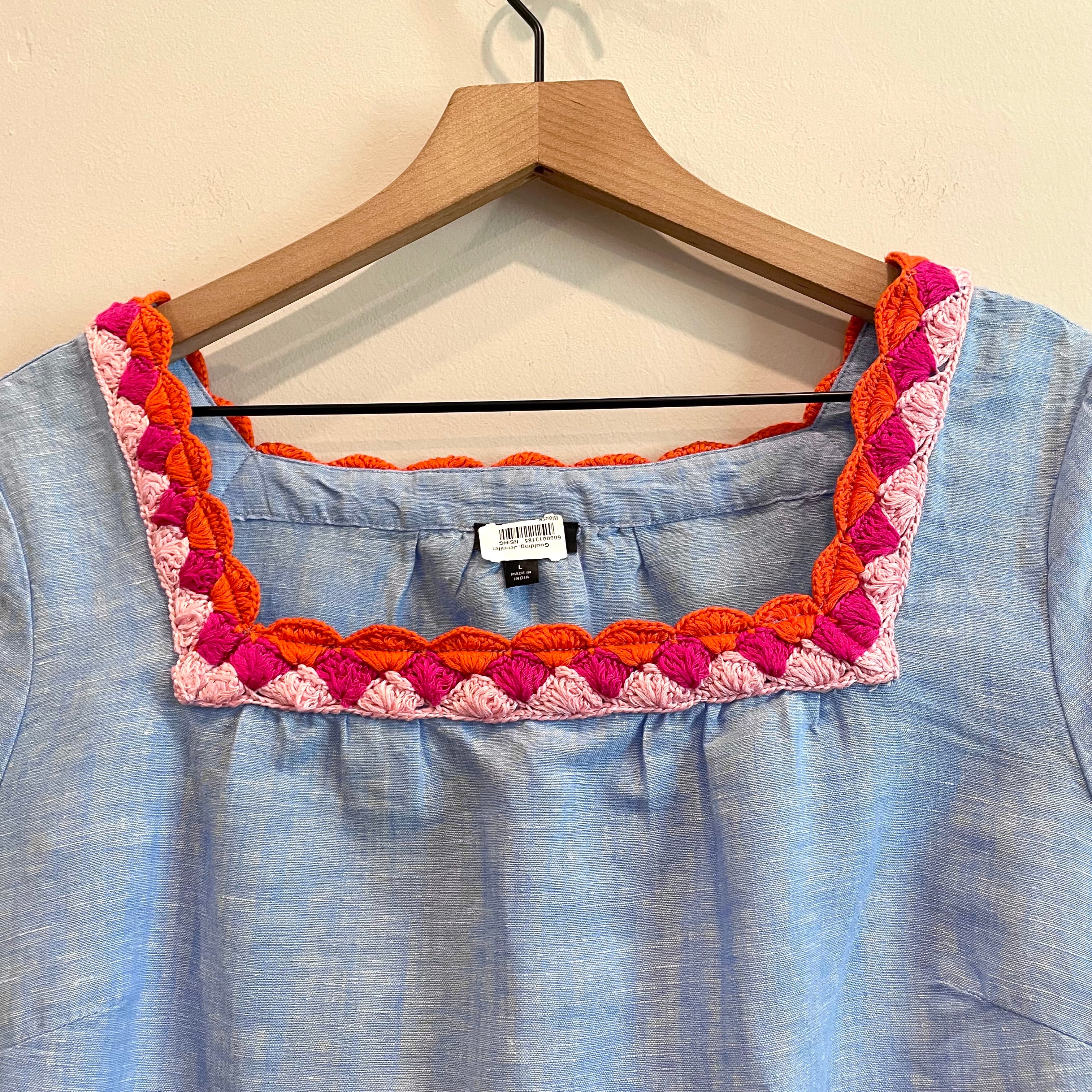 Crochet Trim Linen Blend Top