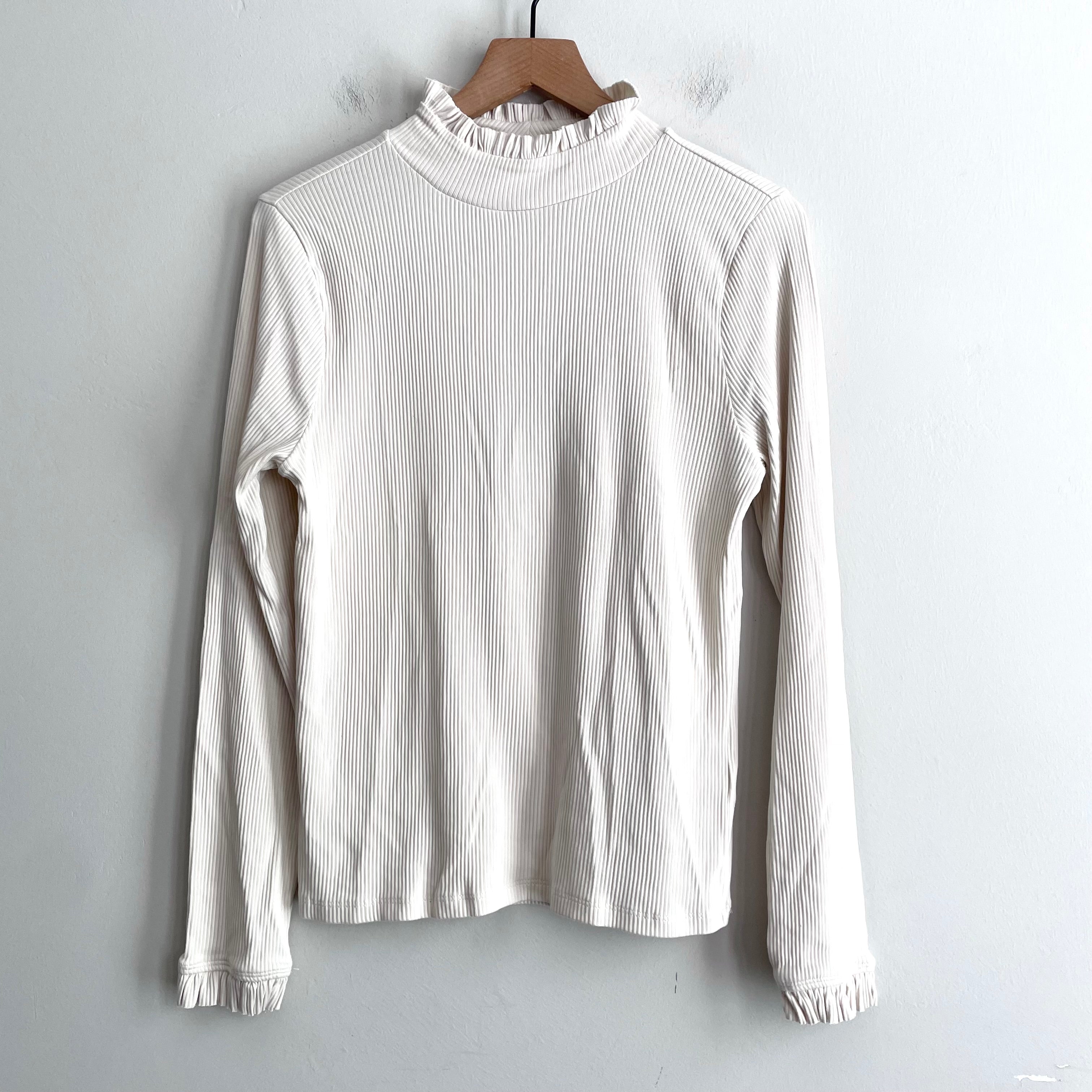 Ribbed Ruffle Neck Long Sleeve Top