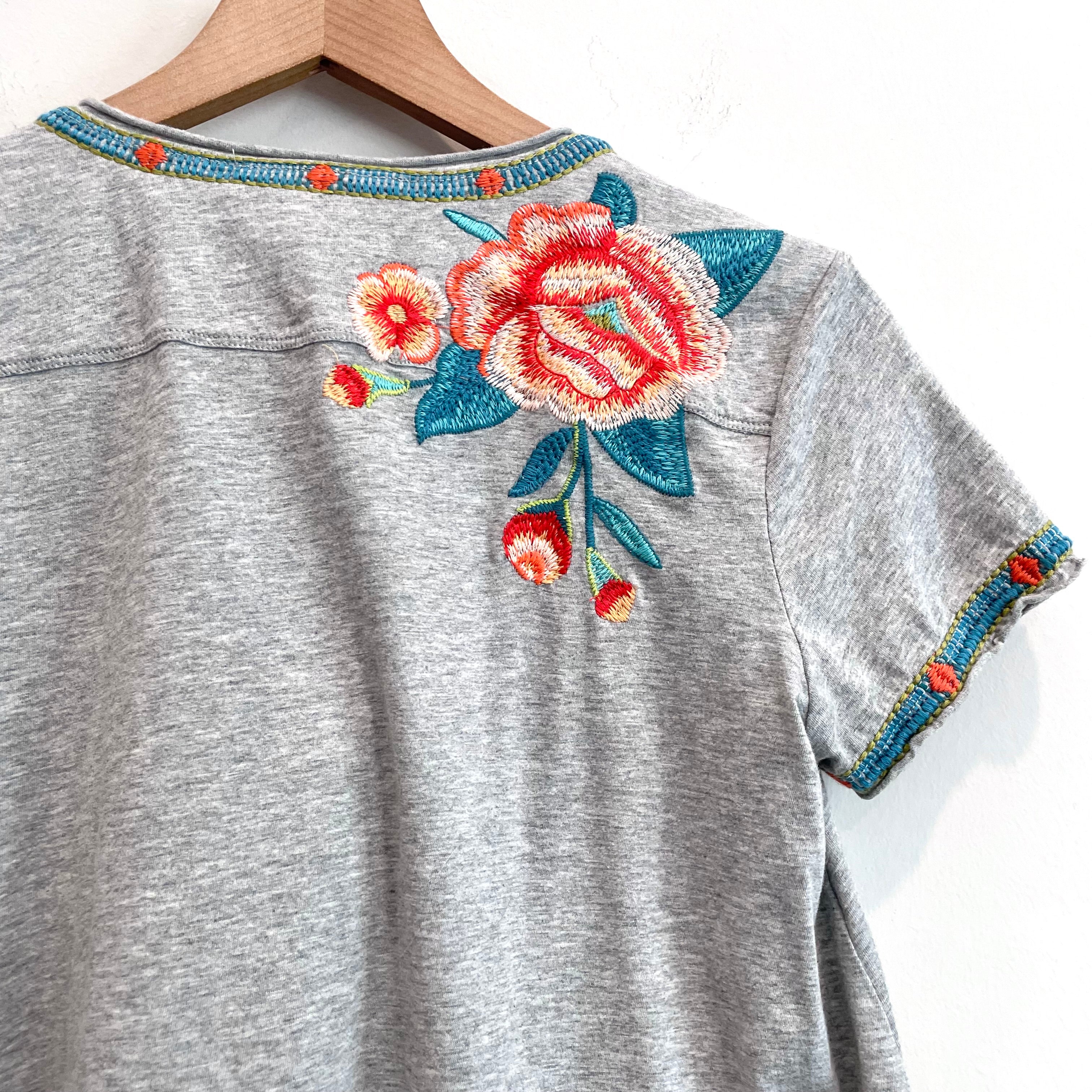 Floral Embroidered Silk Trim Tee