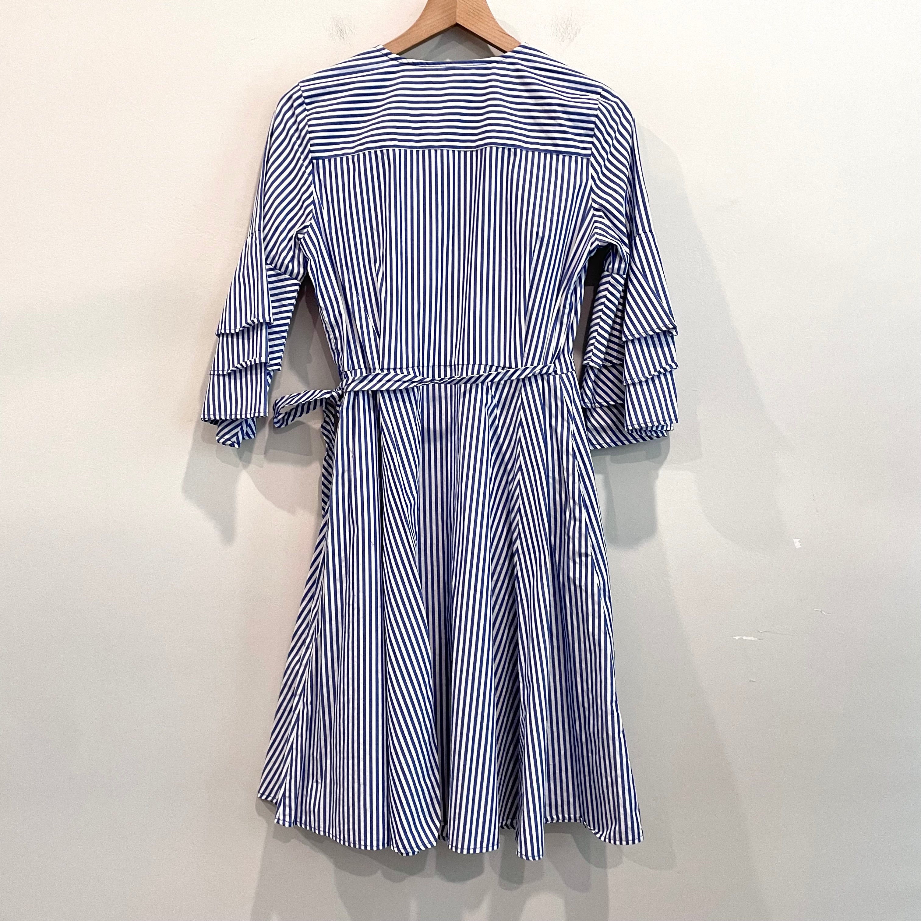 Striped Tiered Bell Sleeve Wrap Dress