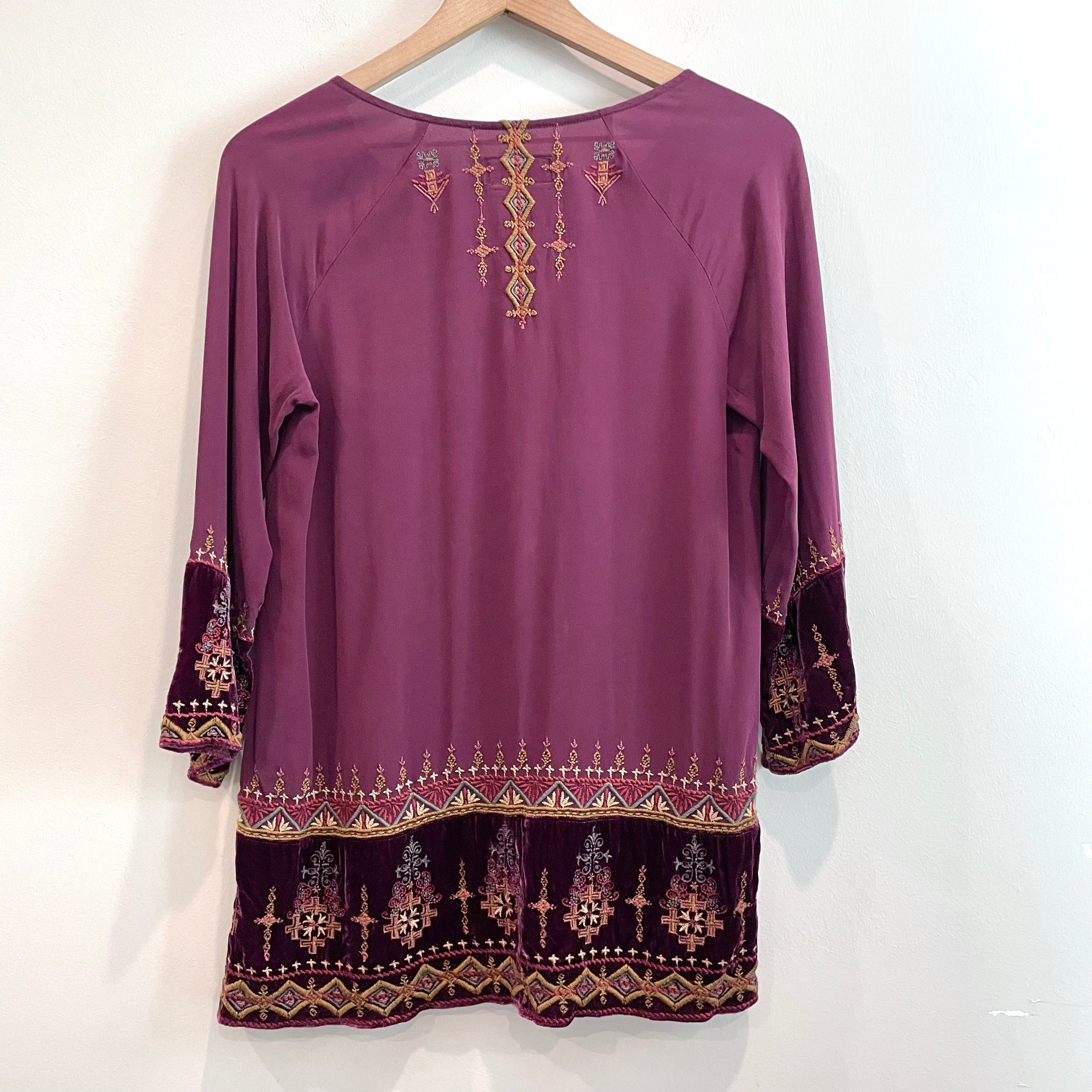 Embroidered Velvet Trim Silk Top