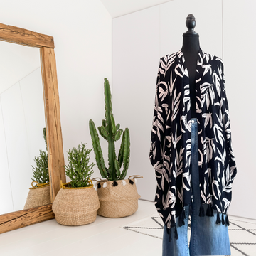 Leaf Print Tassel Kimono Cardigan