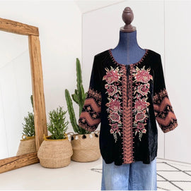 Floral Embroidered Velvet Peasant Top