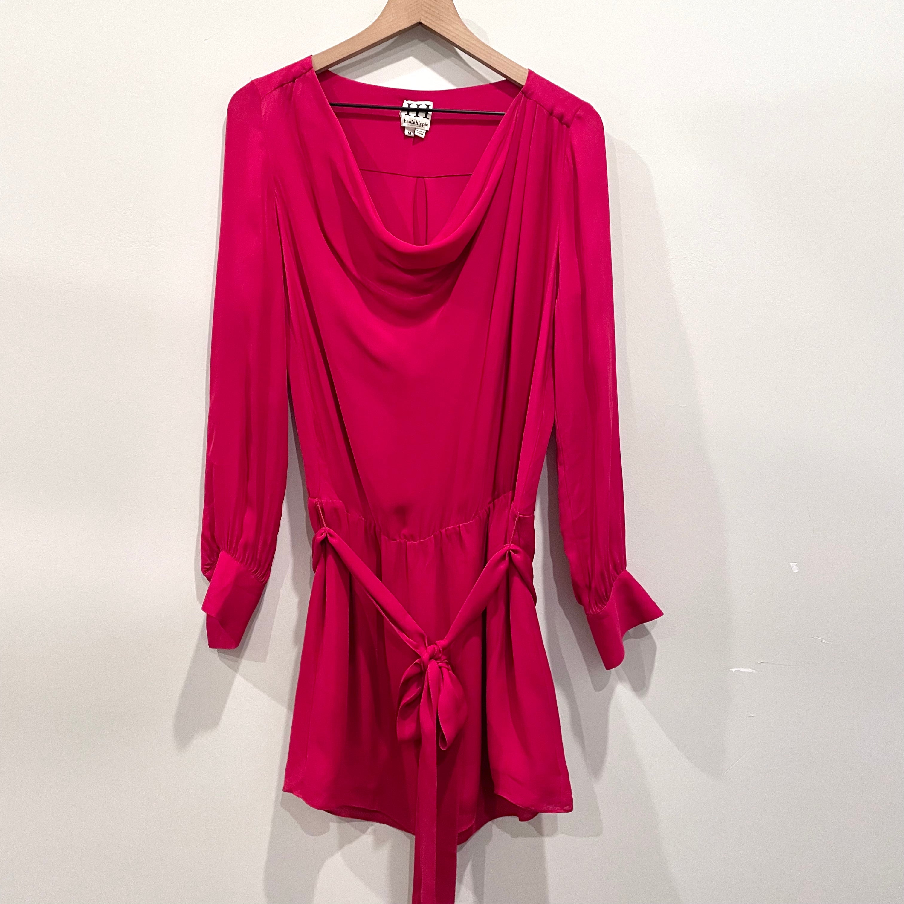 Draped Neck Long Sleeve Silk Dress