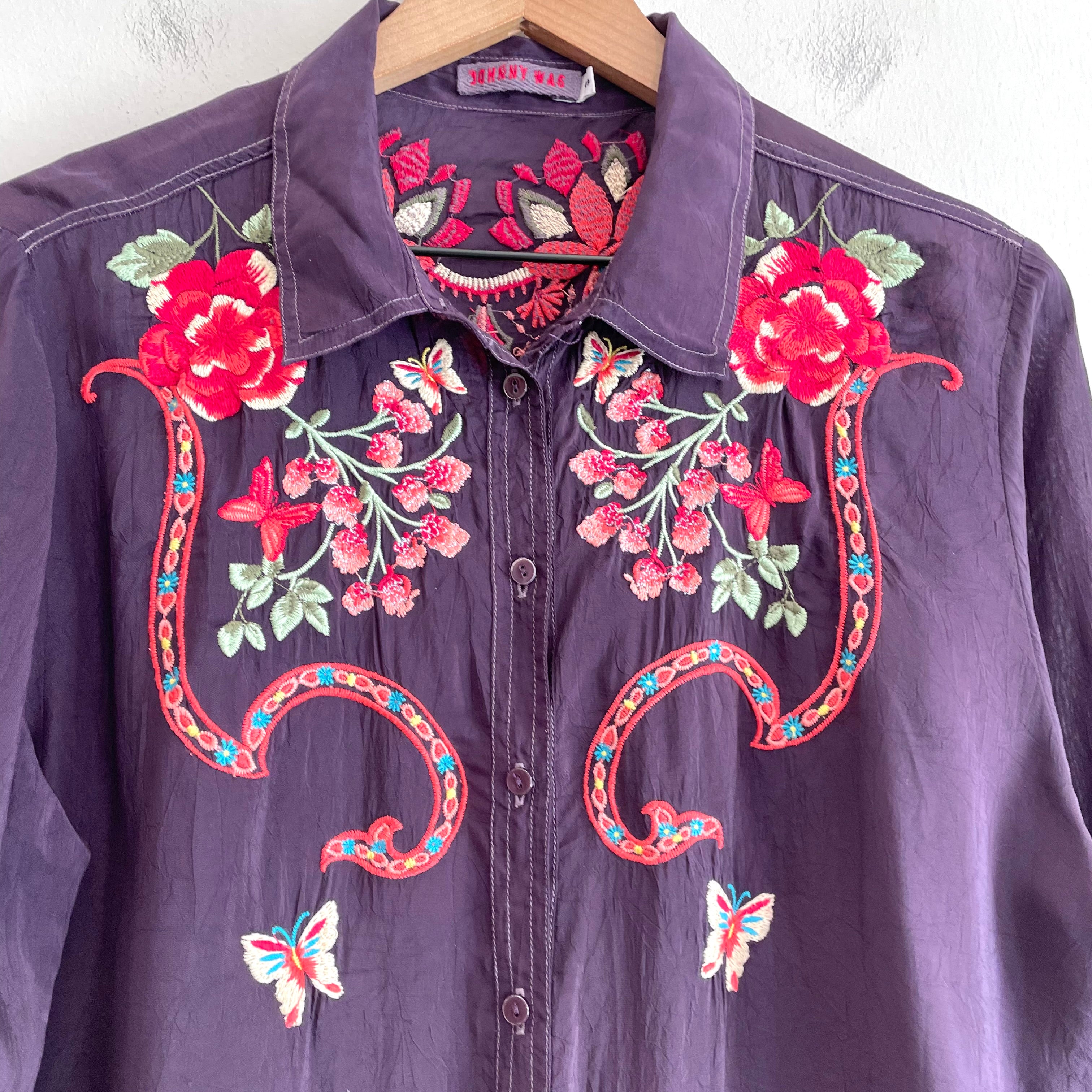 Floral Butterfly Embroidered Button Down Top