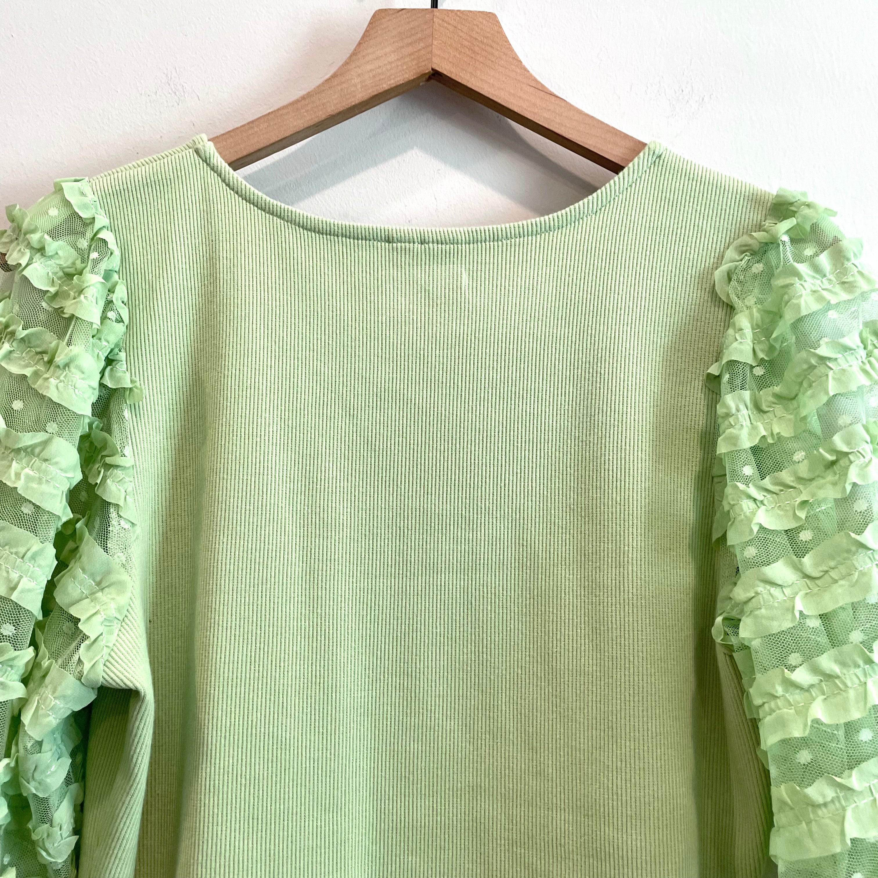 Sheer Ruffle Sleeve Ribbed Top