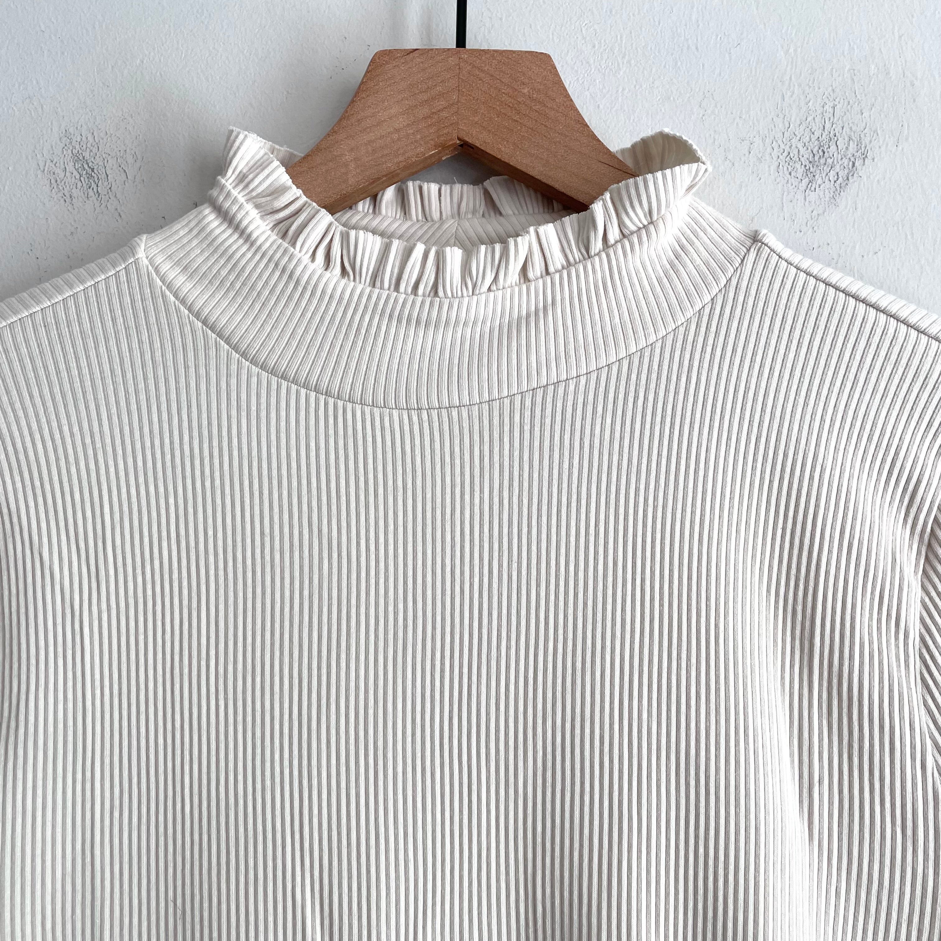 Ribbed Ruffle Neck Long Sleeve Top