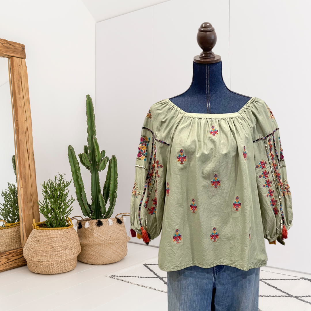 Southwestern Embroidered Tassel Sleeve Top