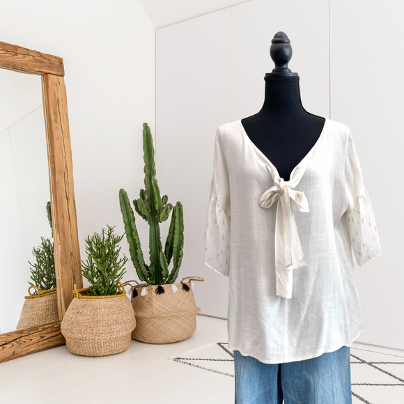 Bow Front Semi-Sheer Fleck Sleeve Top