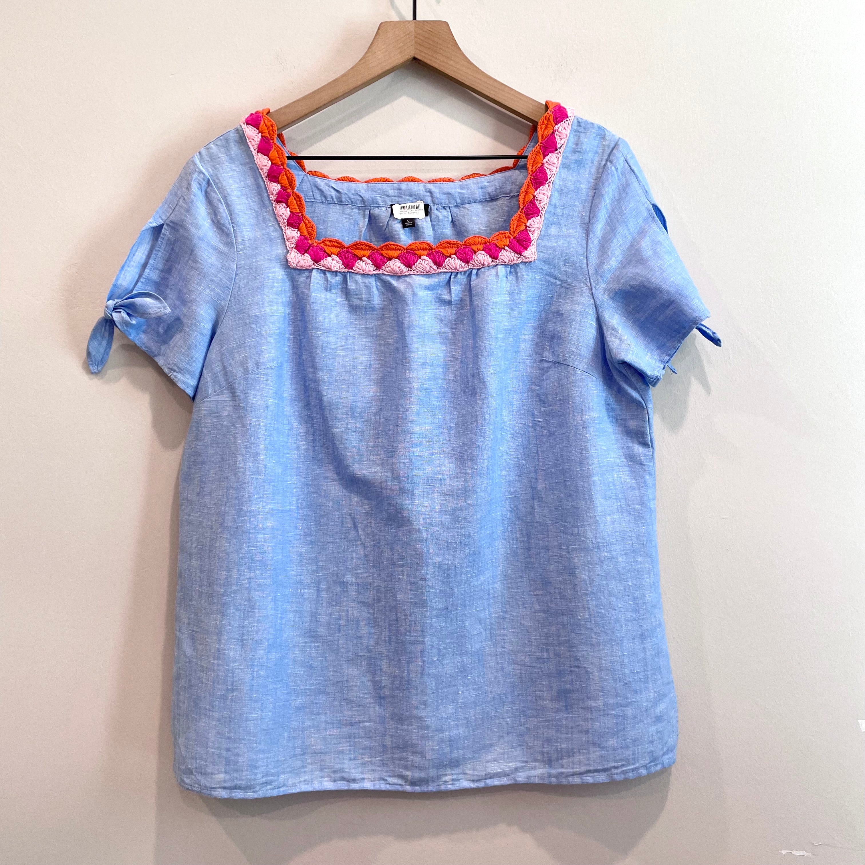 Crochet Trim Linen Blend Top