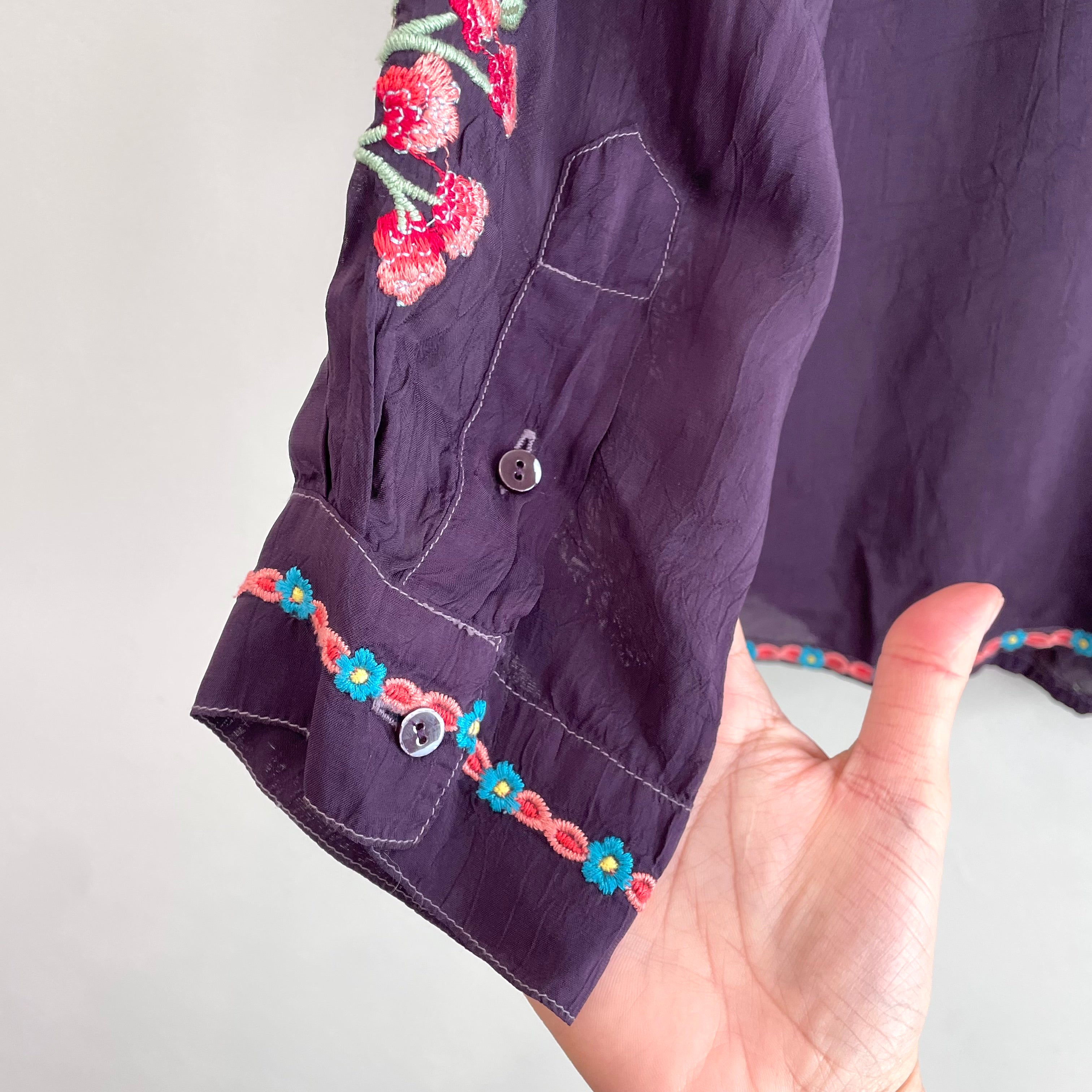 Floral Butterfly Embroidered Button Down Top