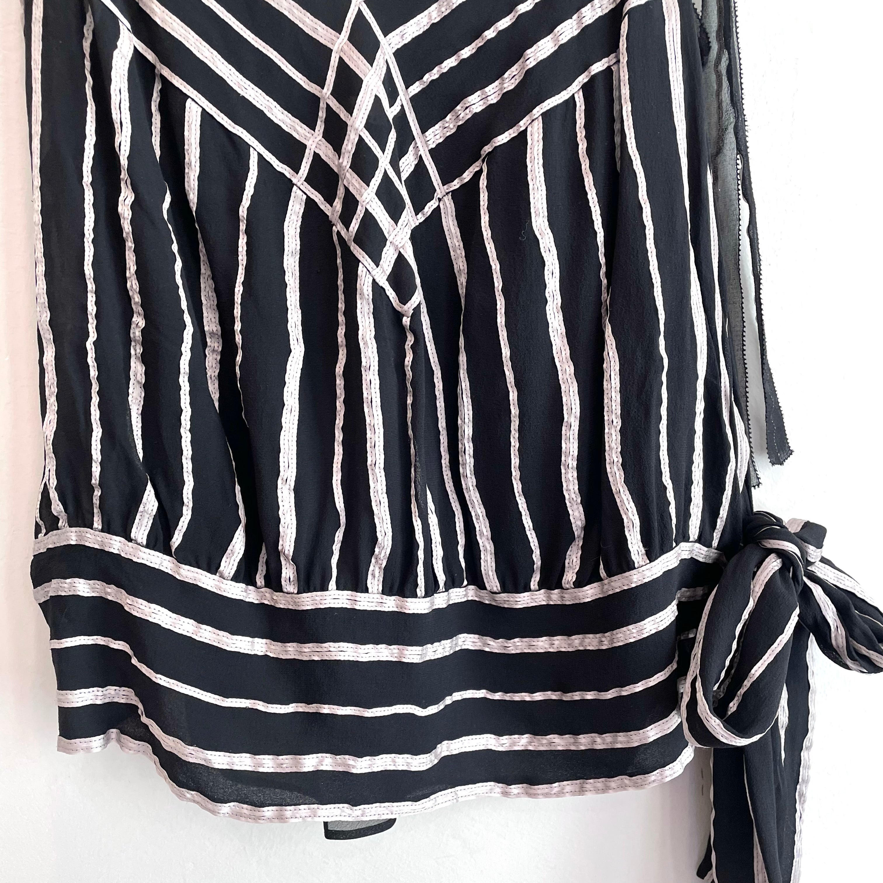 Striped Bow Tie Side Silk Top