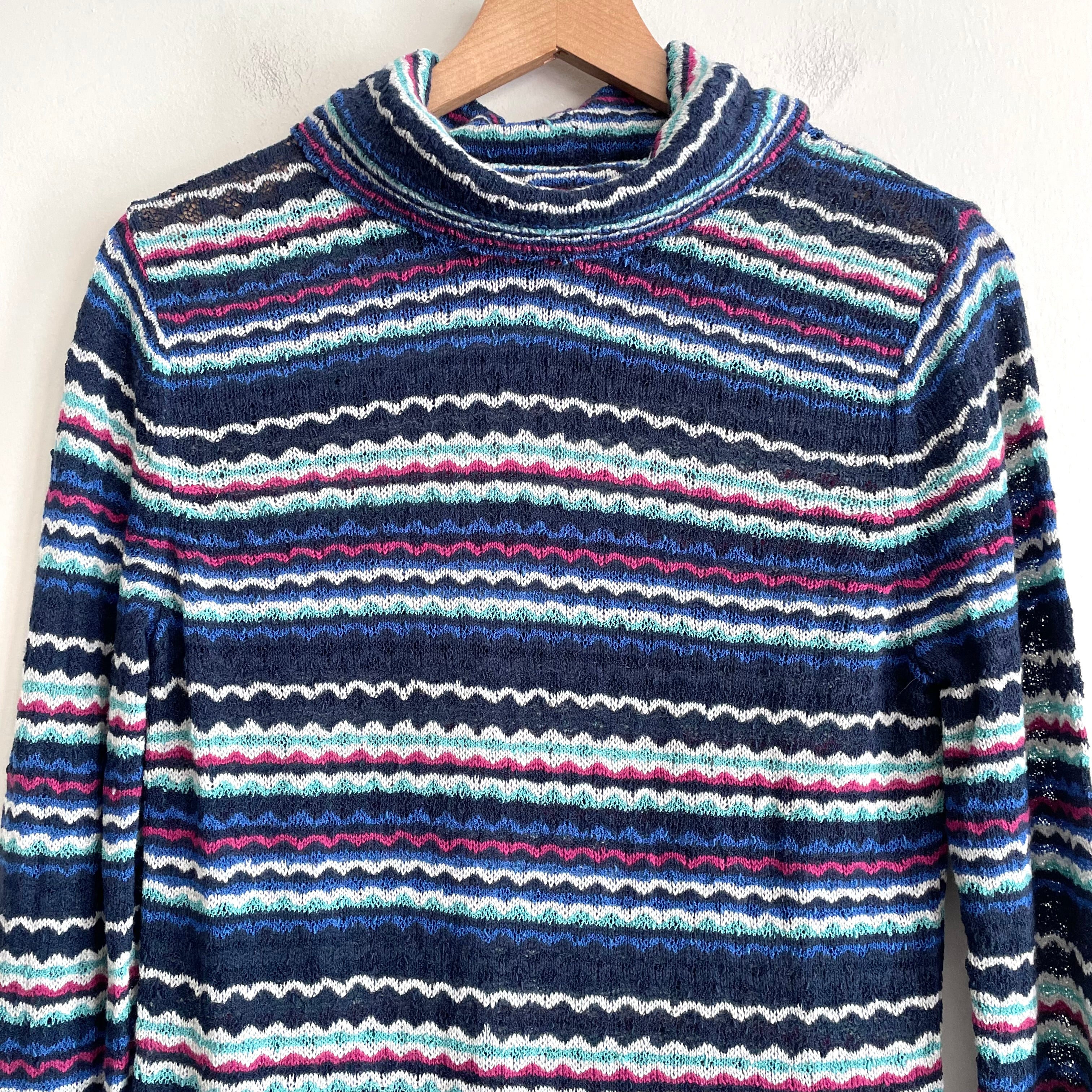 Striped Open Knit Turtleneck Sweater