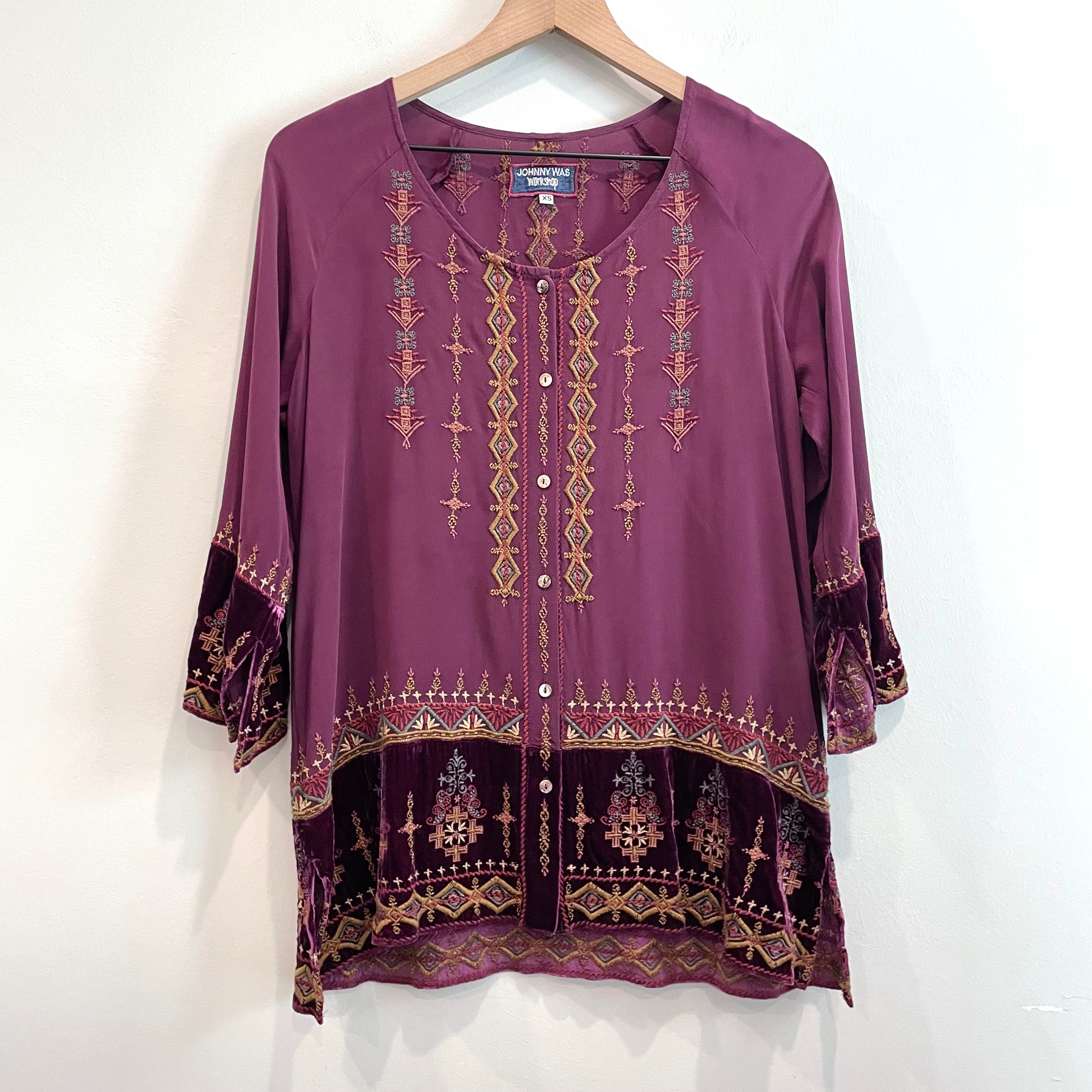 Embroidered Velvet Trim Silk Top