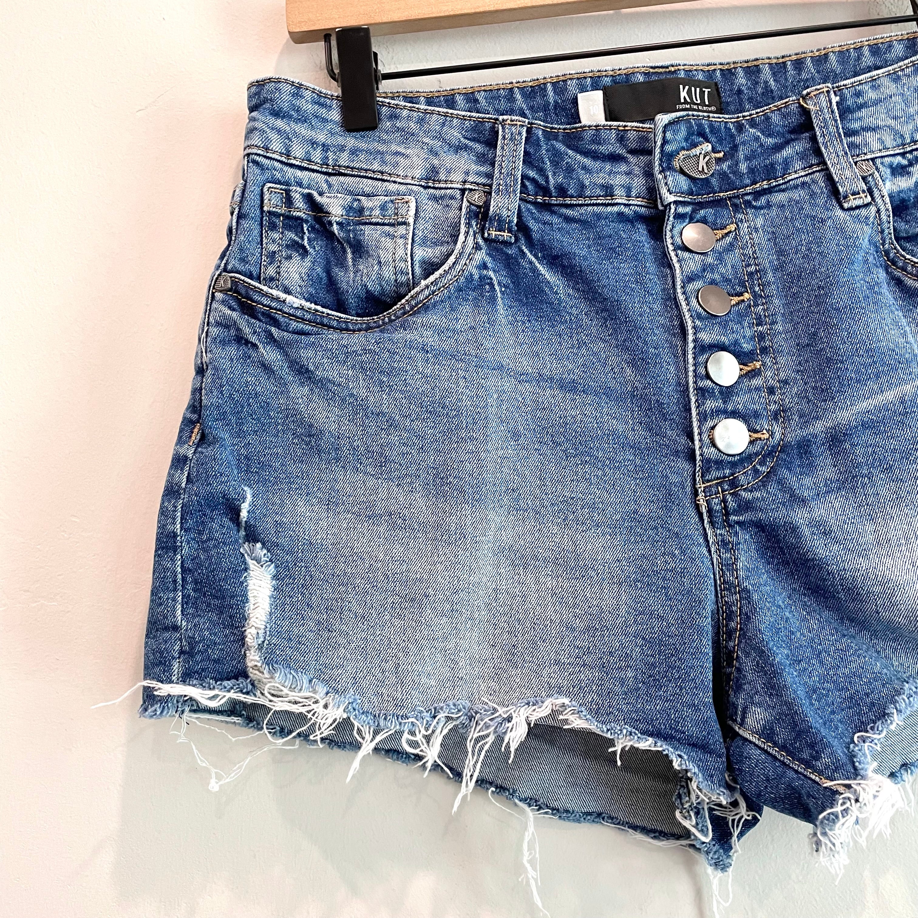 Button Fly Distressed Jean Shorts