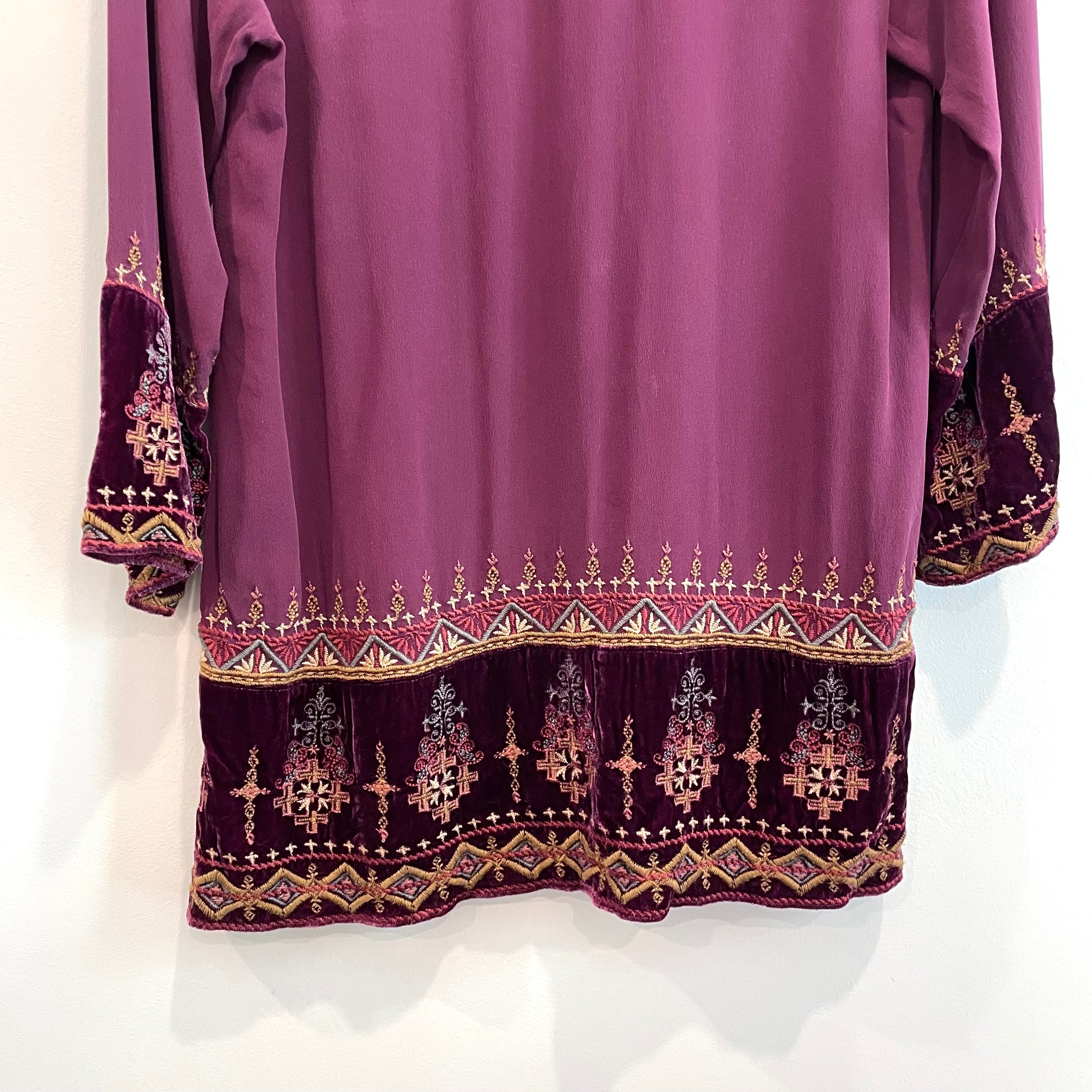 Embroidered Velvet Trim Silk Top