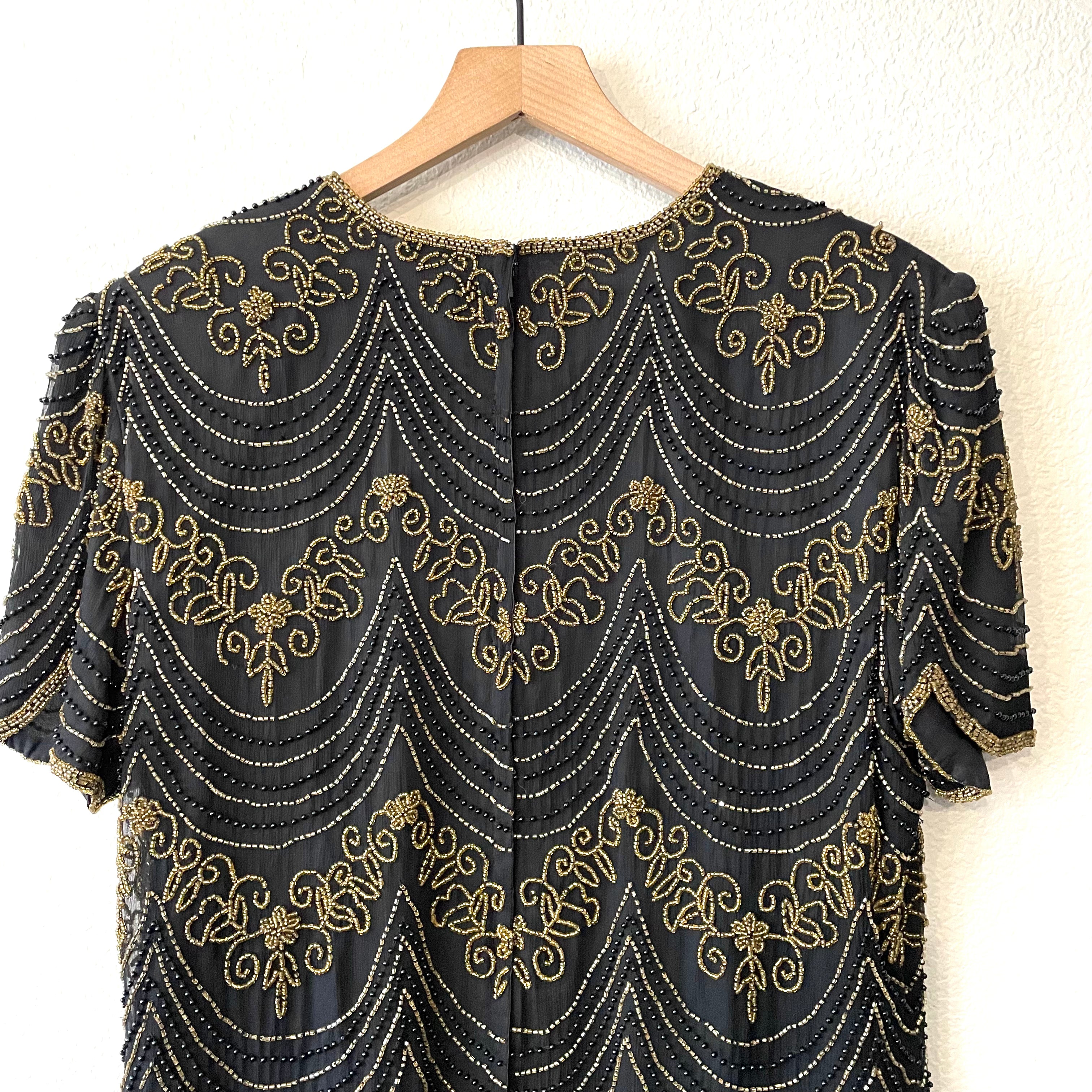 Black Gold Beaded Silk Top