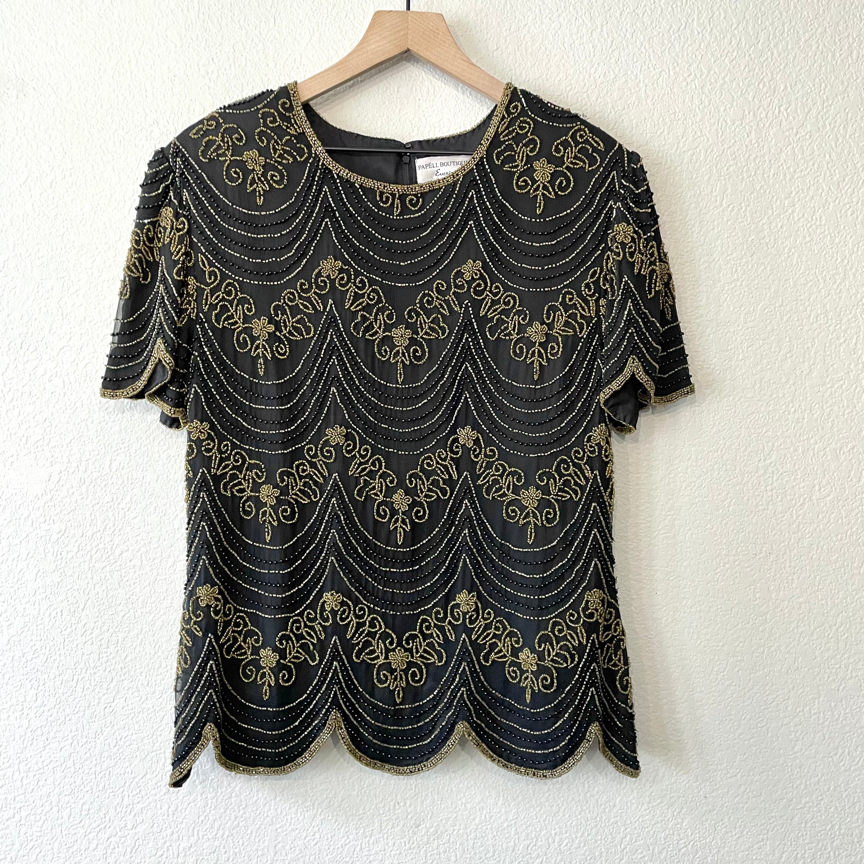 Black Gold Beaded Silk Top