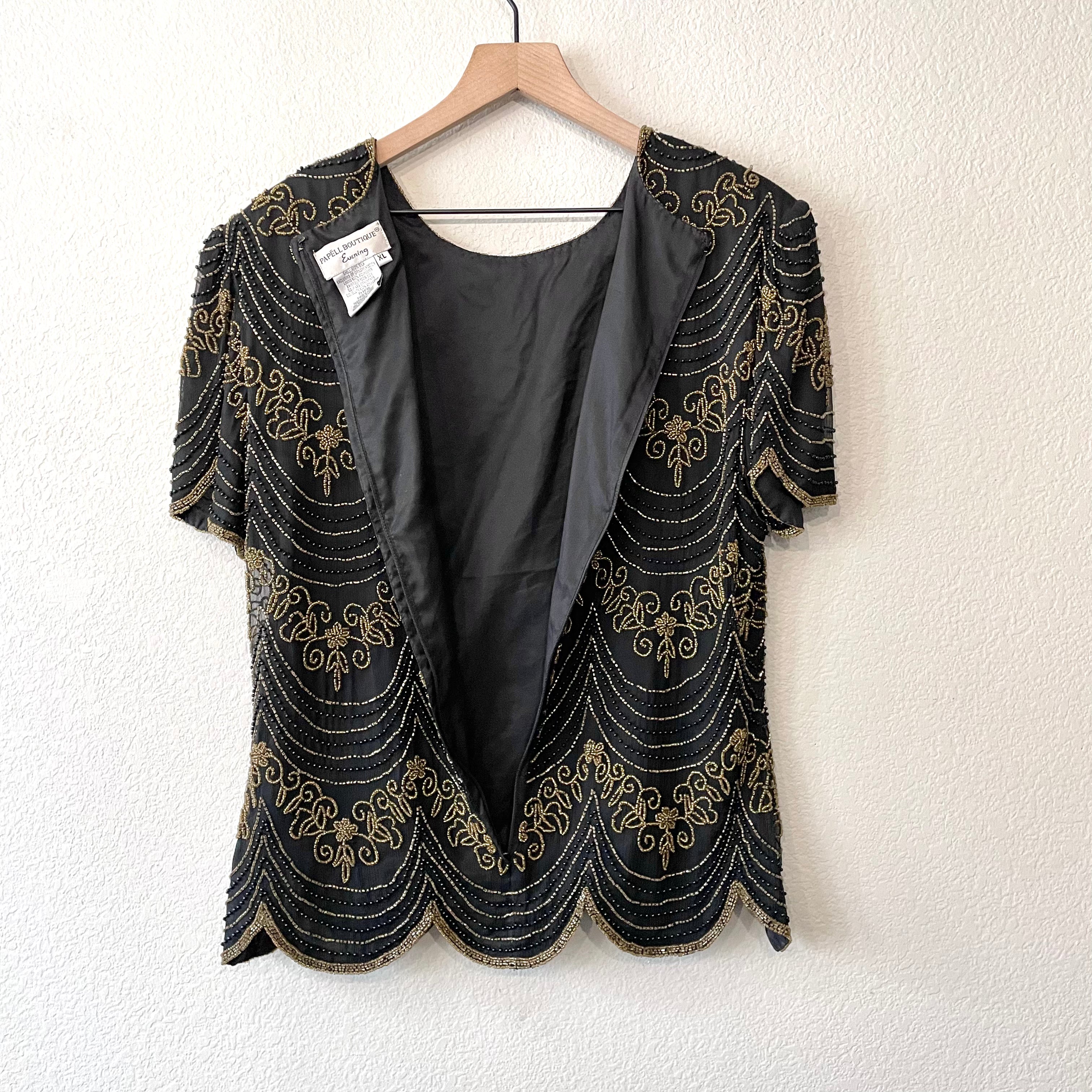 Black Gold Beaded Silk Top