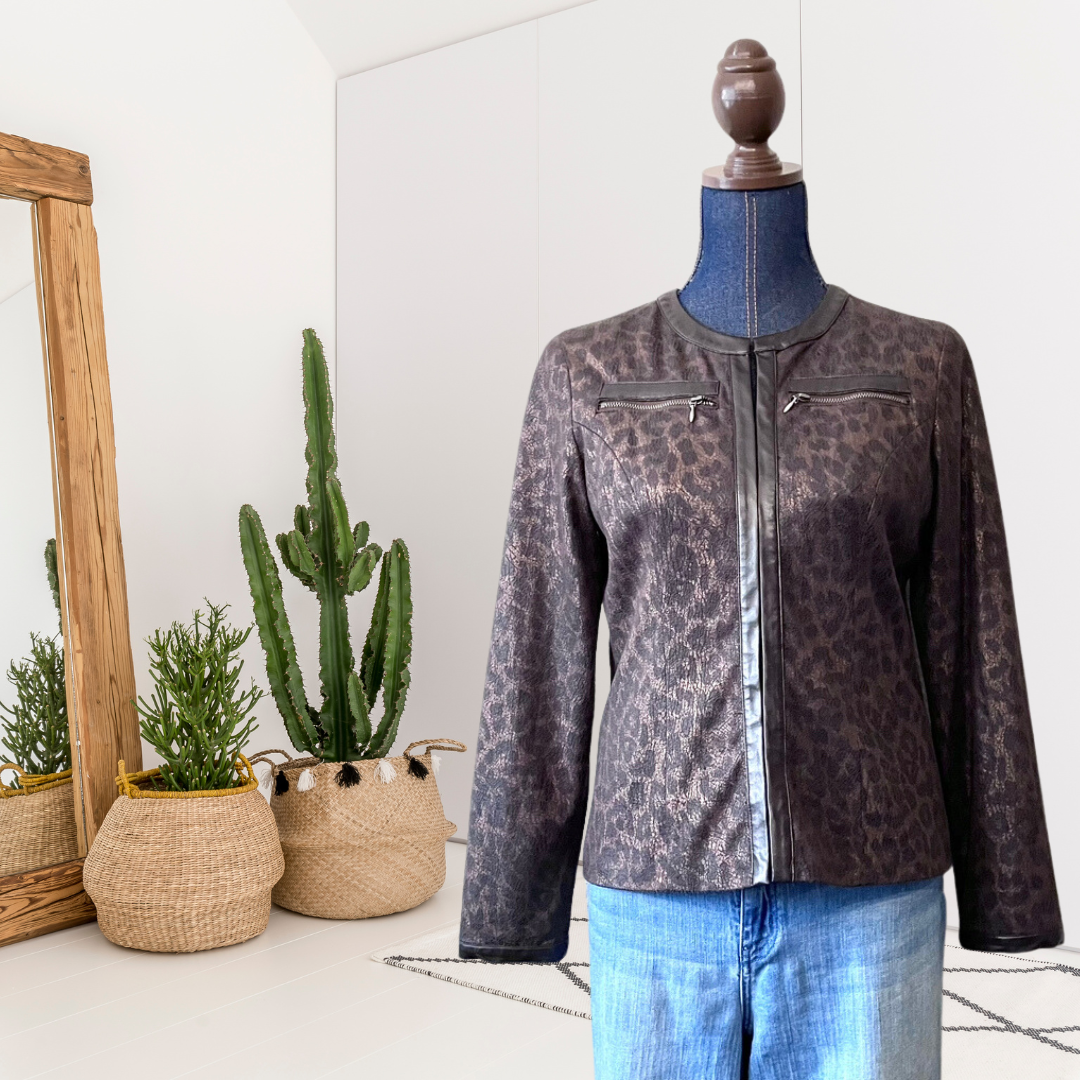 Leopard Faux Leather Trim Jacket