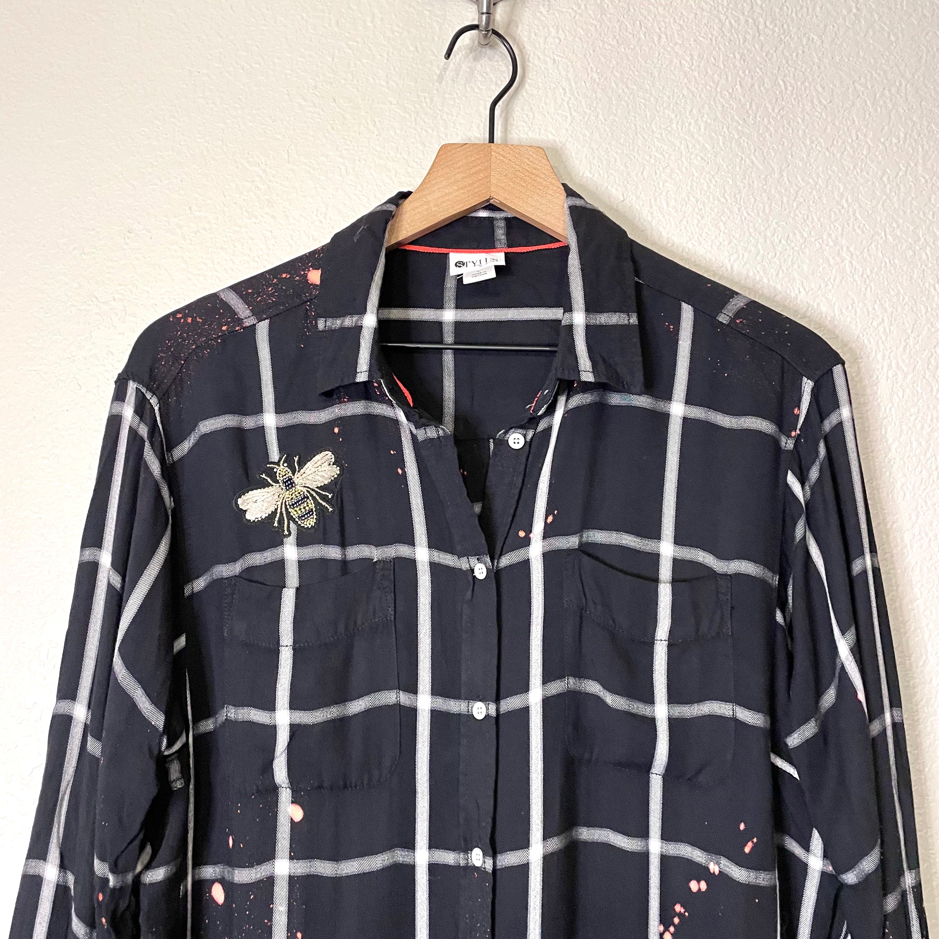 Plaid Bleach Splatter Button zip