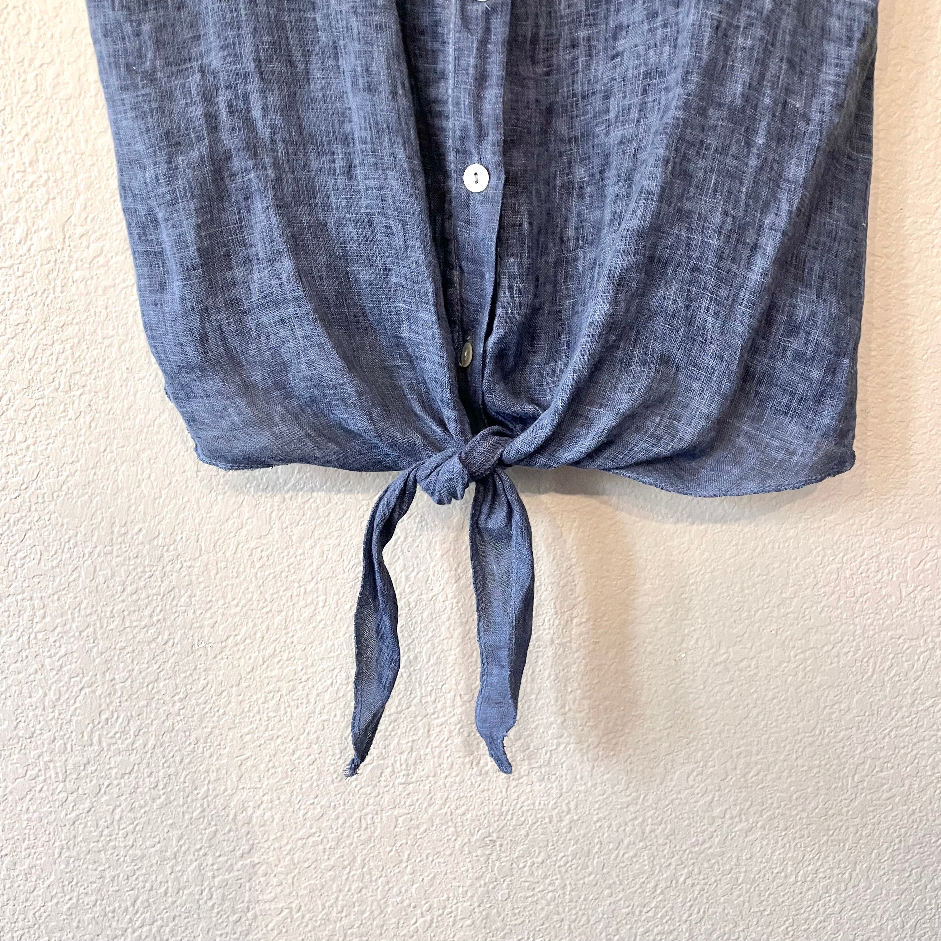 Linen Tie Front Button Up Top