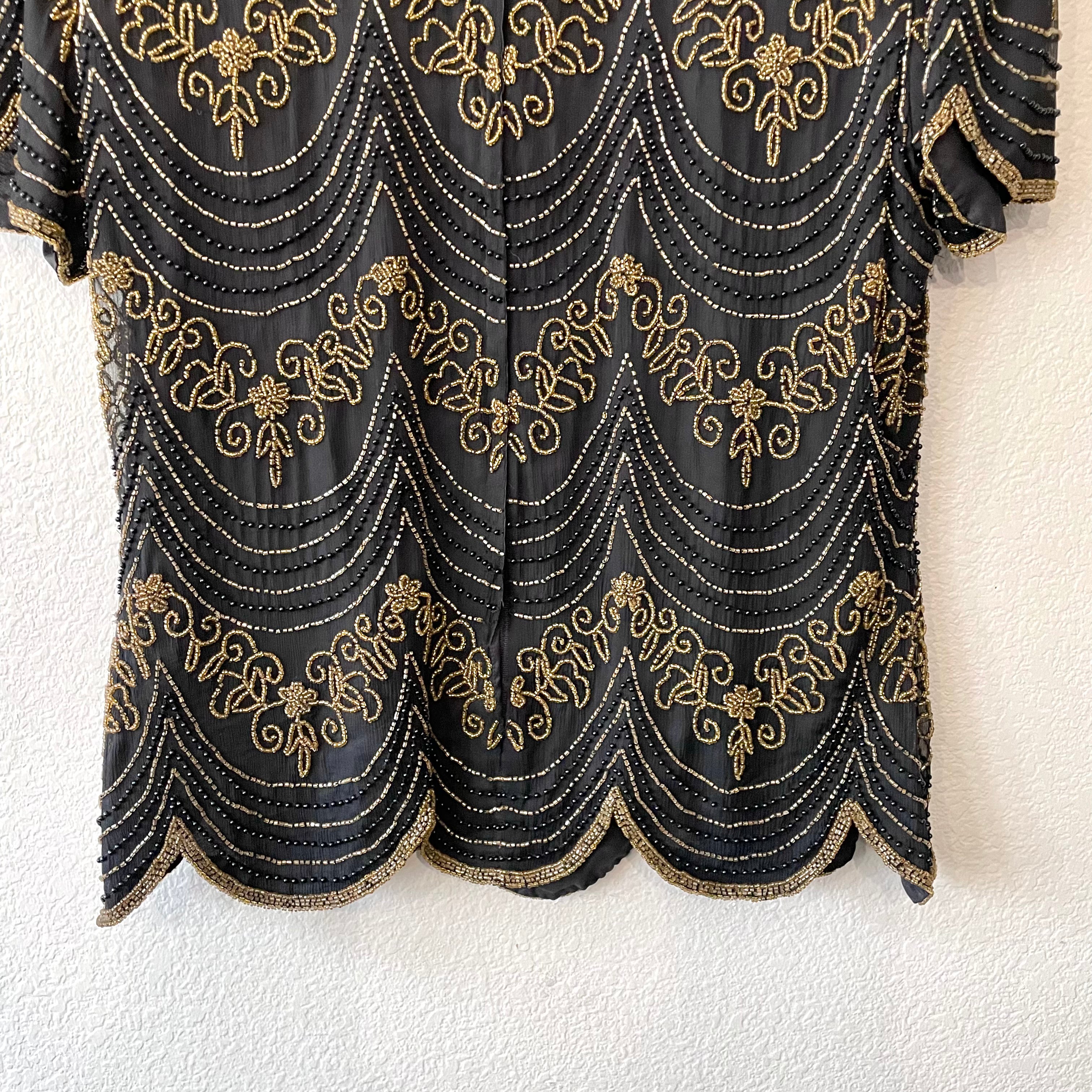 Black Gold Beaded Silk Top