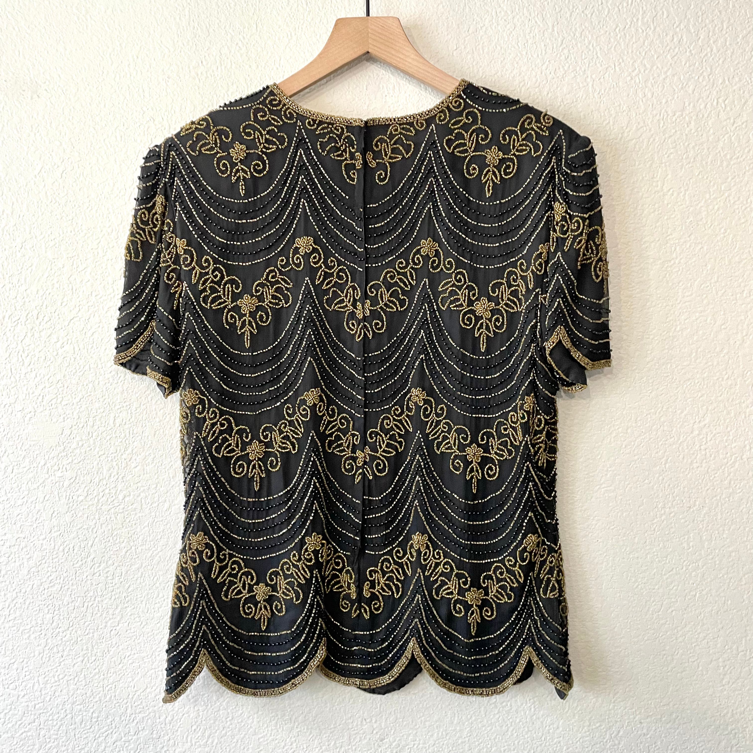 Black Gold Beaded Silk Top