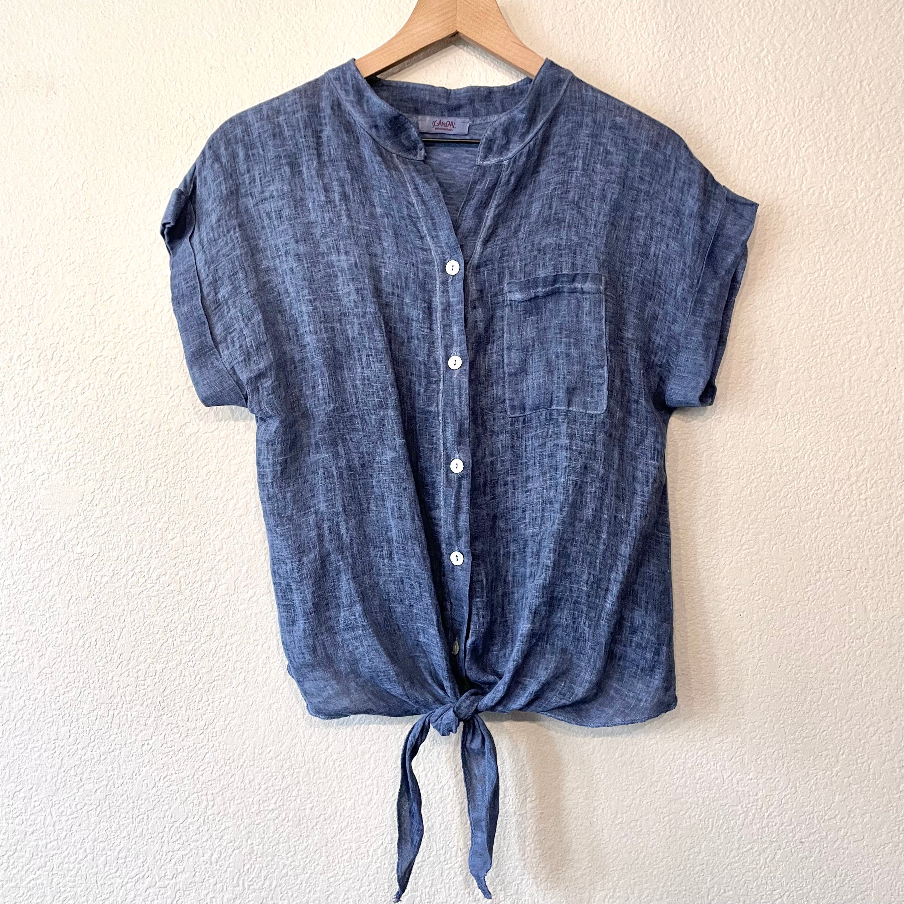 Linen Tie Front Button Up Top