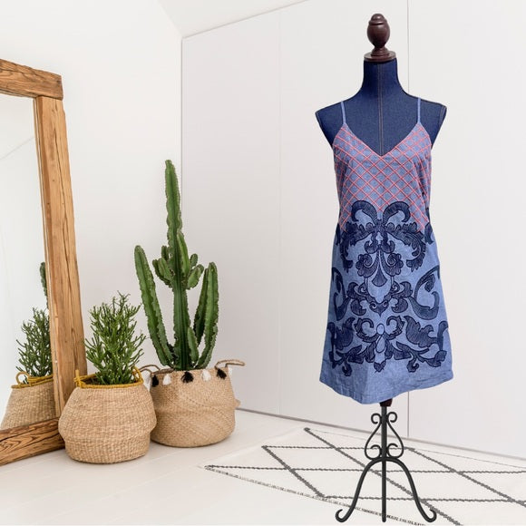 Embroidered Chambray V-Neck Dress