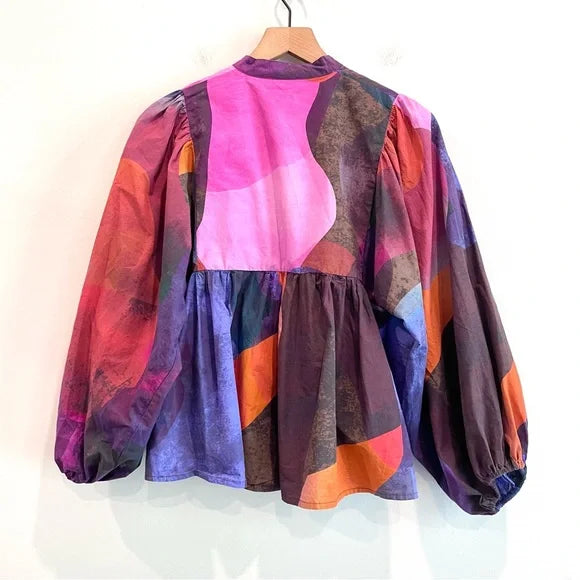 V-Neck Balloon Sleeve Abstract Top