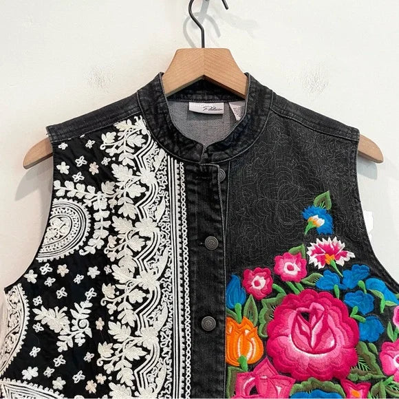 Floral Embroidered Denim Vest