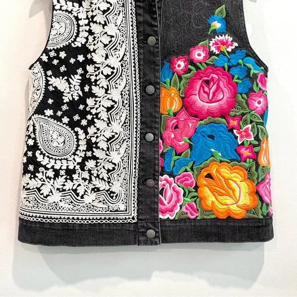 Floral Embroidered Denim Vest