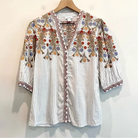 Striped Embroidered Button Down Top