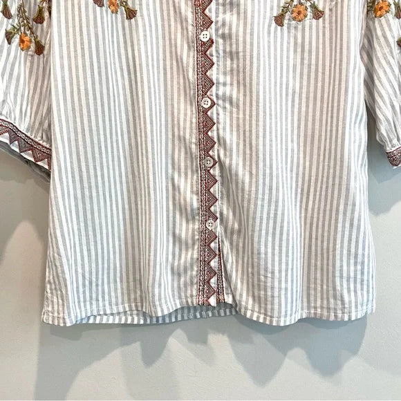 Striped Embroidered Button Down Top