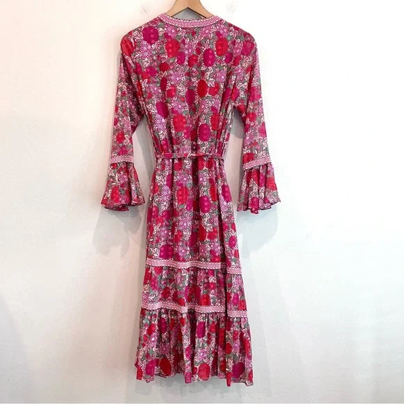 Floral Bell Sleeve Midi Wrap Dress