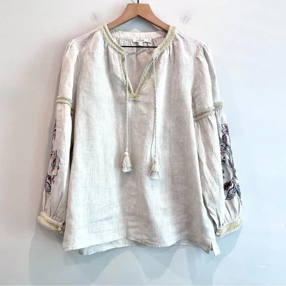 Linen Floral Embroidered Sleeve Top