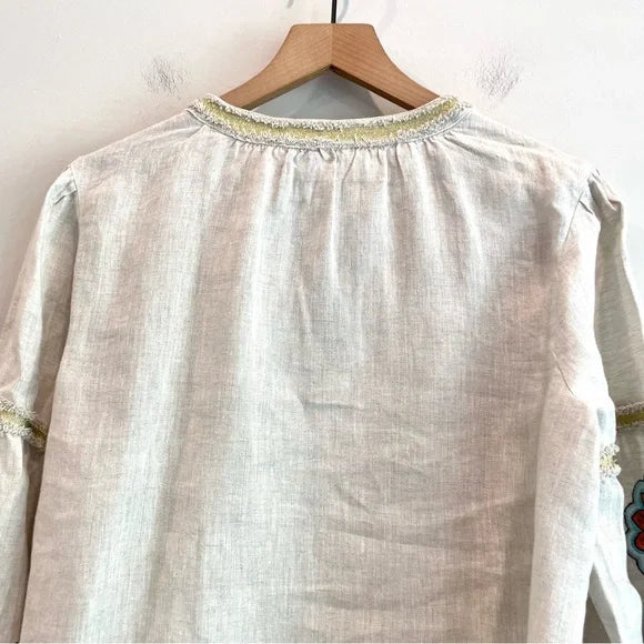 Linen Floral Embroidered Sleeve Top