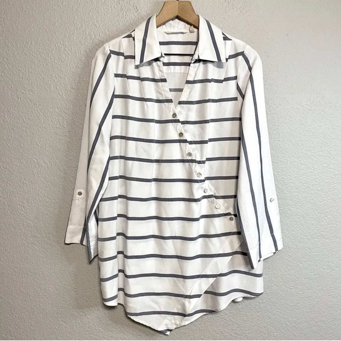 Striped Asymmetrical Button Wrap Tunic