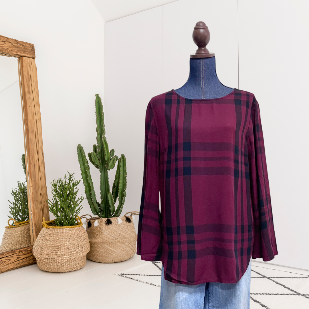 Plaid Flare Sleeve Top