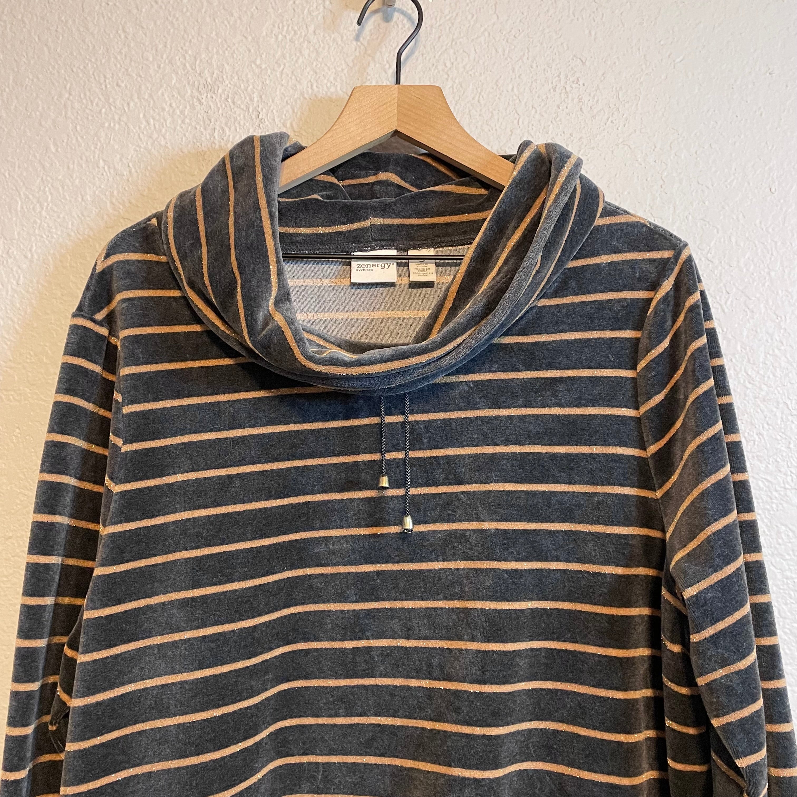 Striped Velour Cowl Neck Sweater