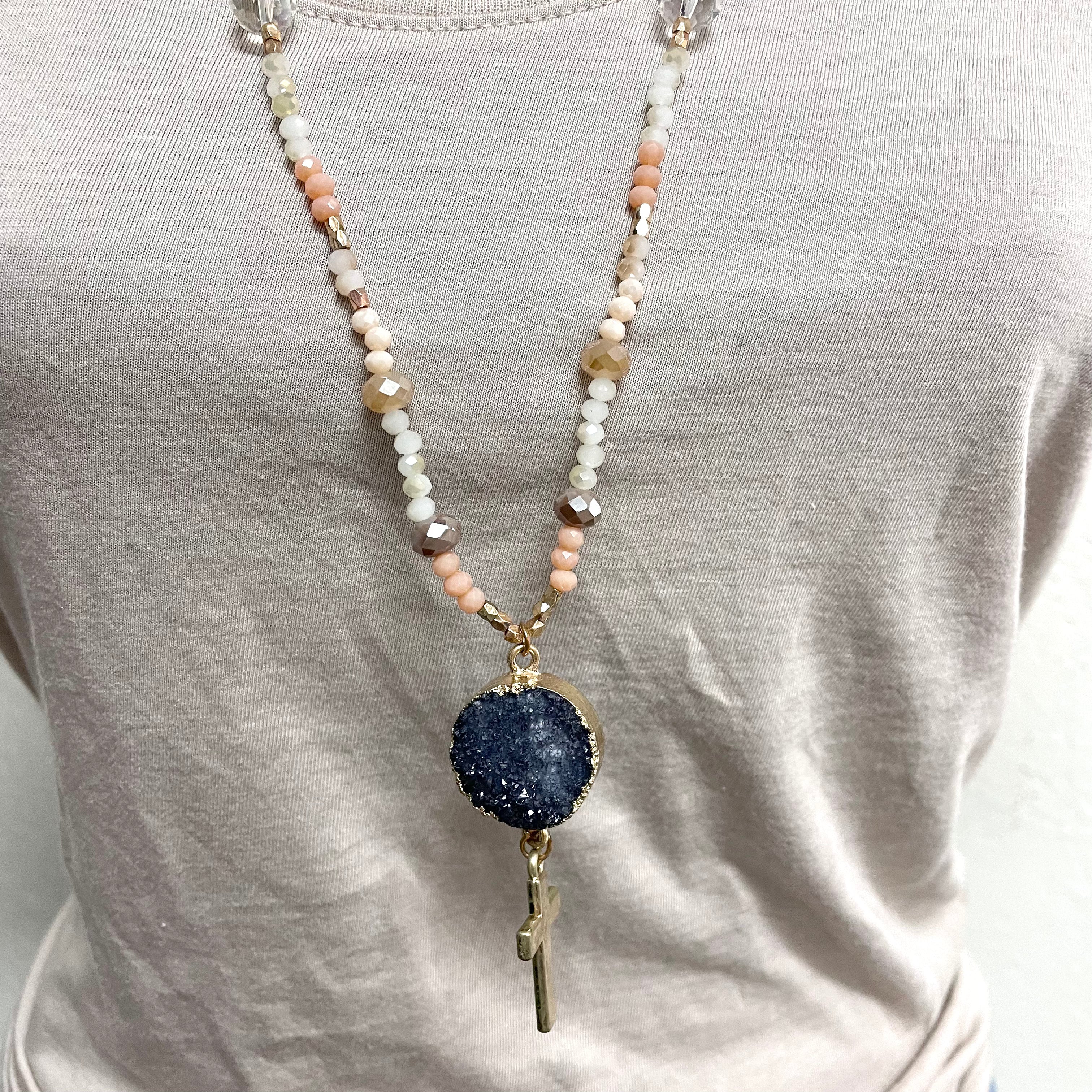 Beaded Stone Cross Pendant Necklace